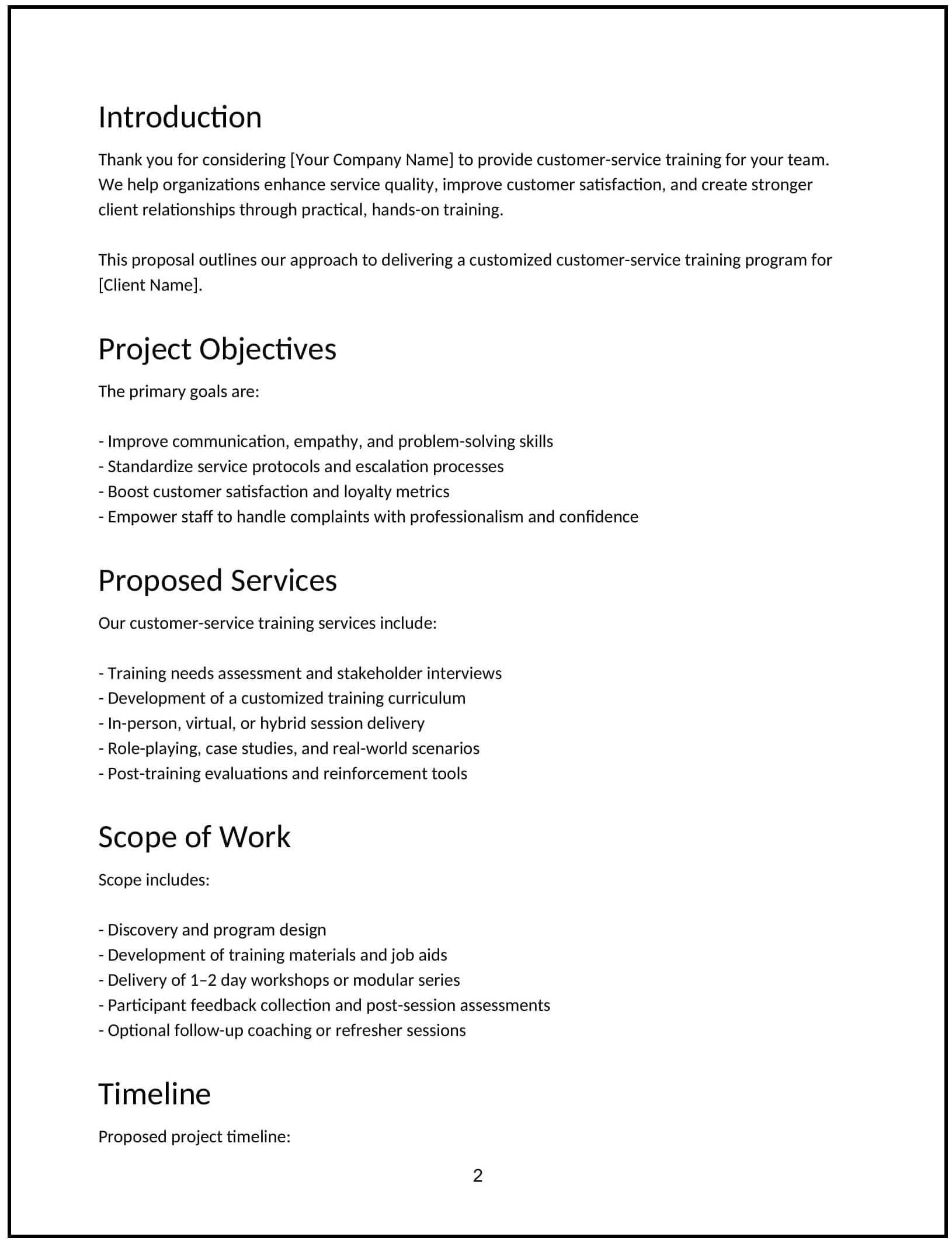Customer service training proposal page showing objectives, services, scope, and timeline