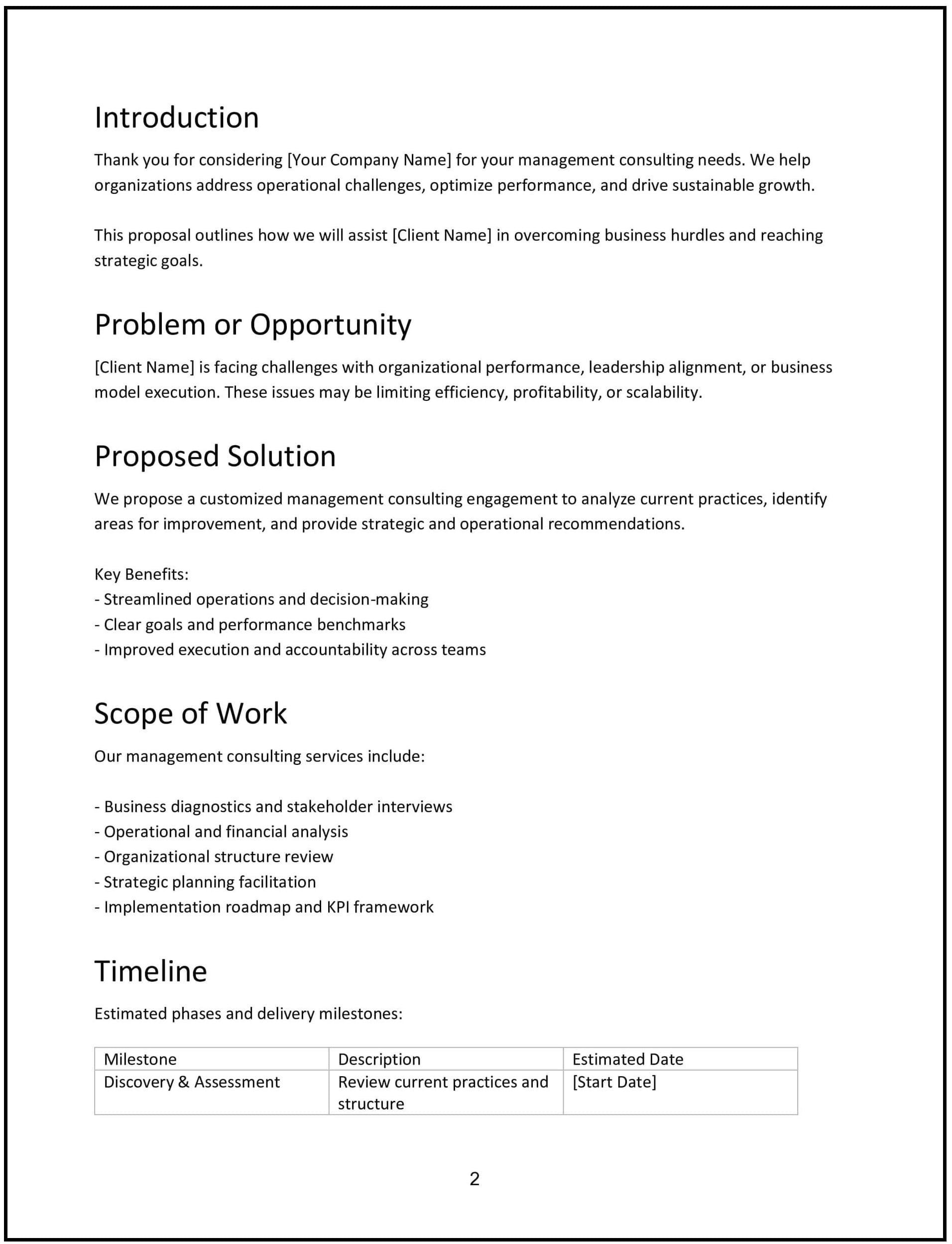 Management consulting proposal page showing problem, solution, scope, and timeline sections