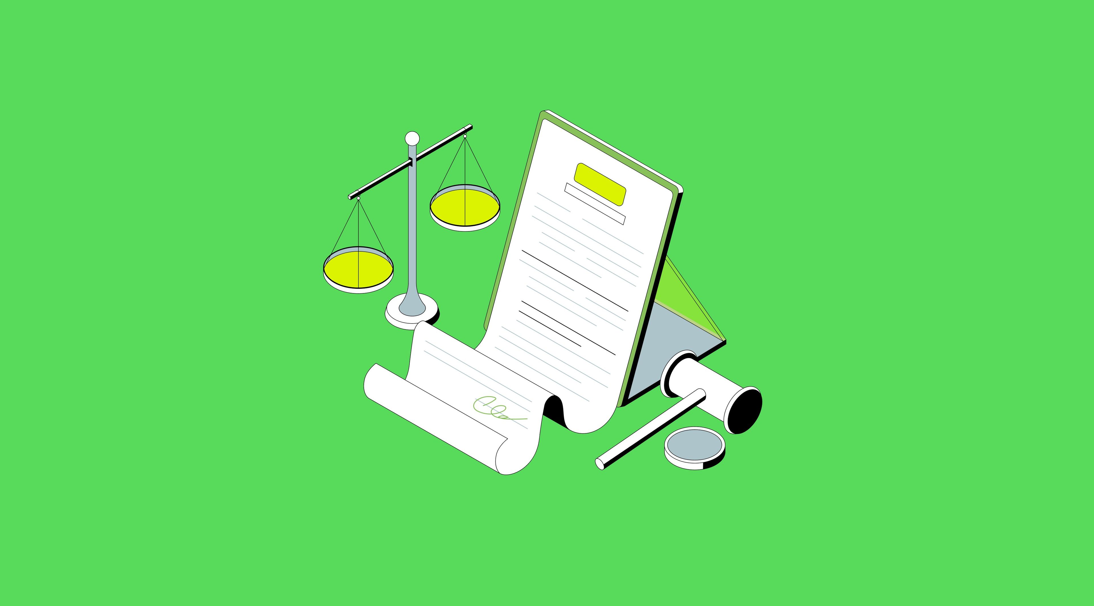 A contract with some scales, along with a judge's hammer.