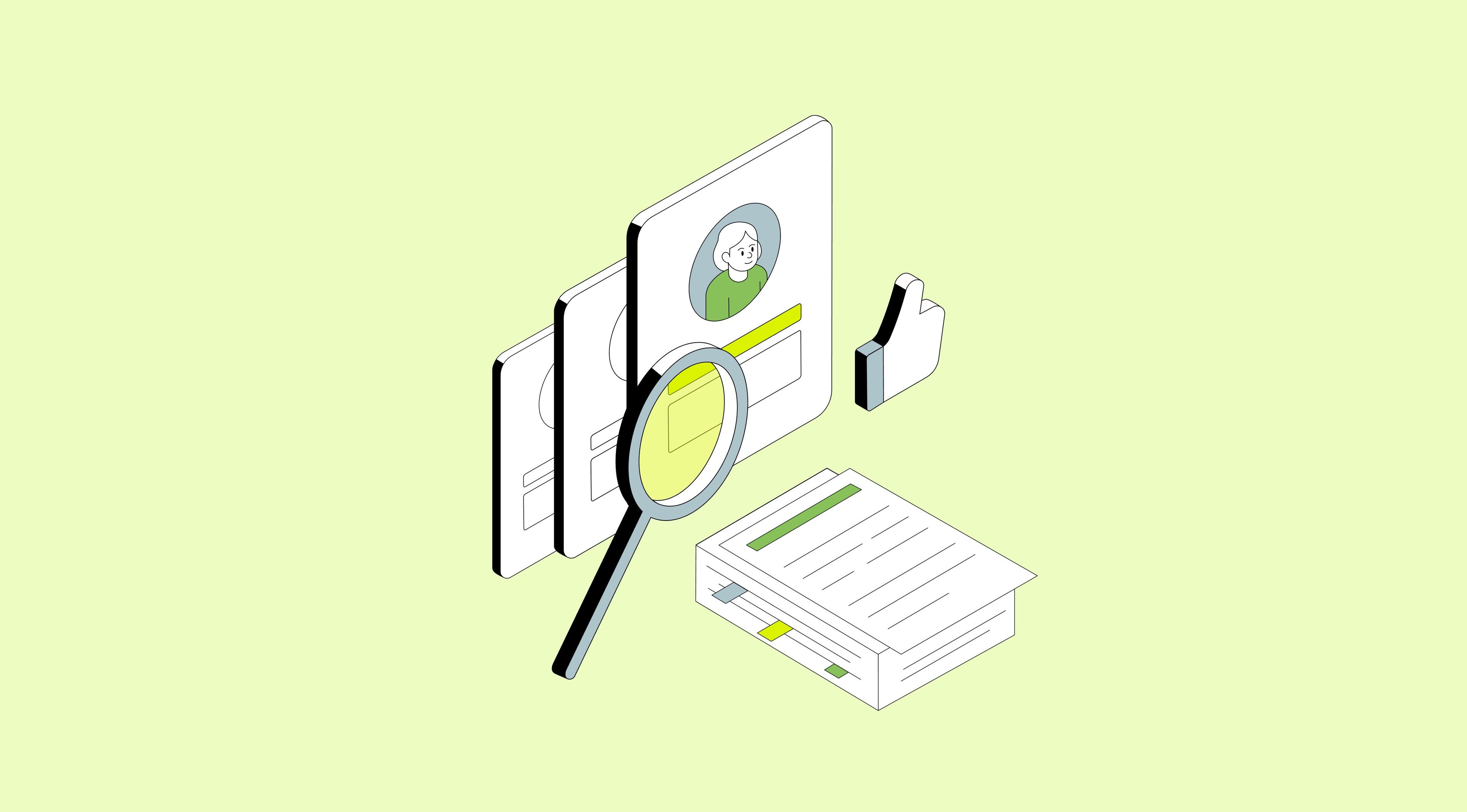magnifying glass, profile, documents, and like icon