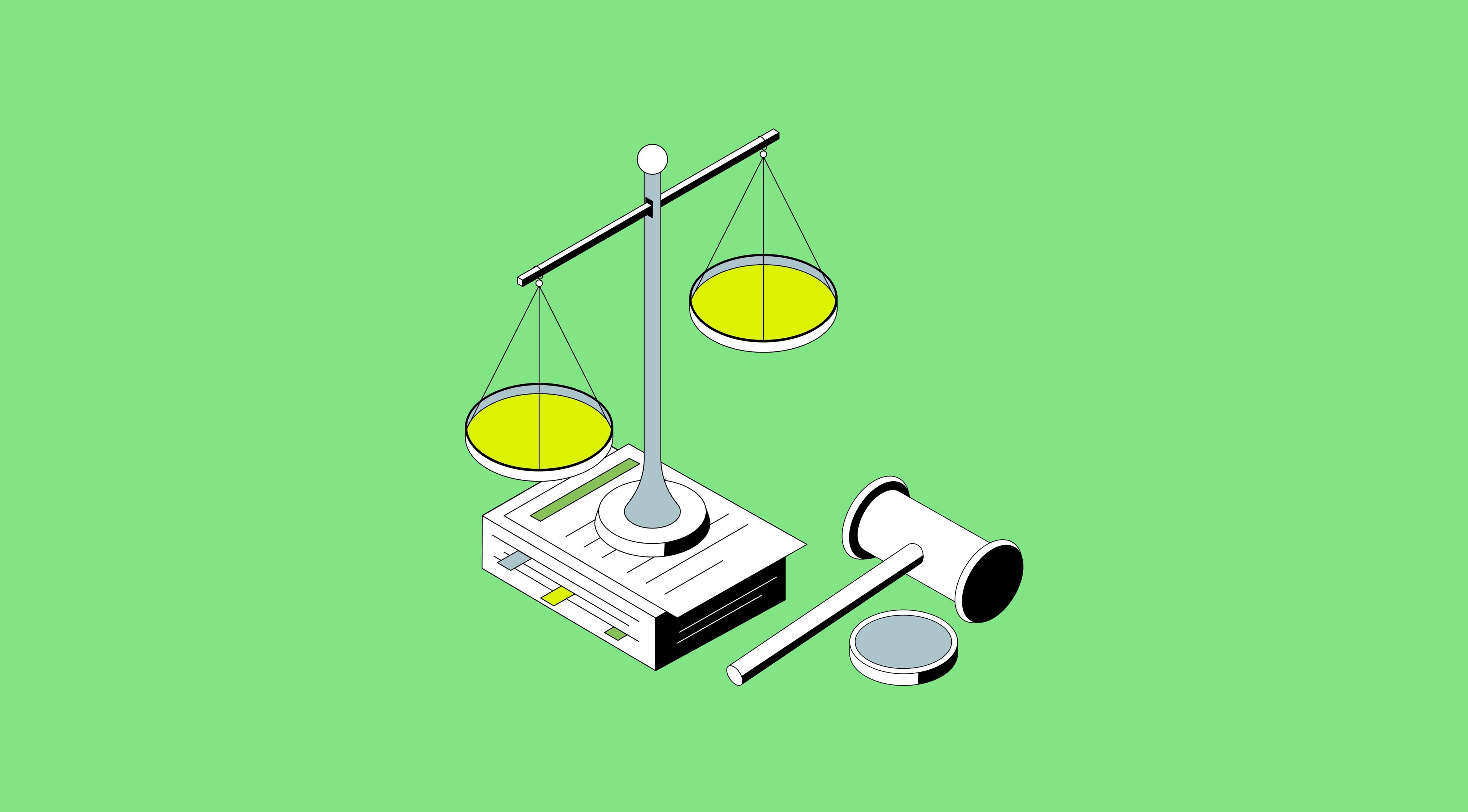 Scales of justice and some business contracts.