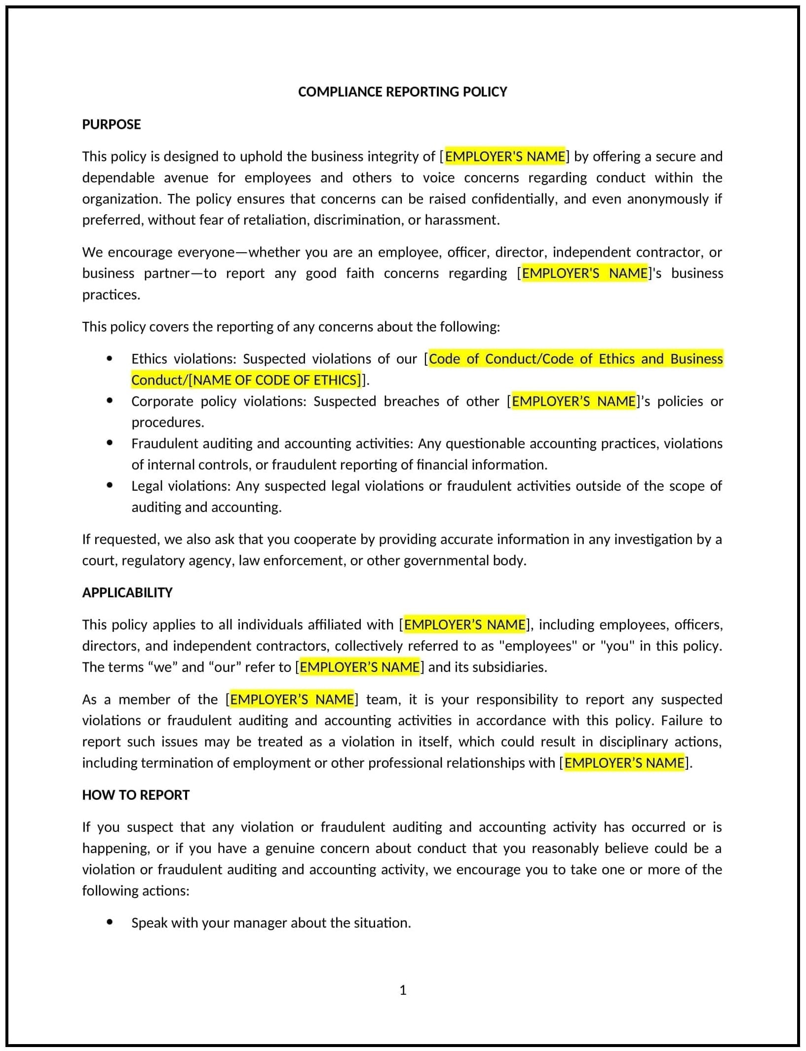 Compliance reporting policy (South Dakota): Free template