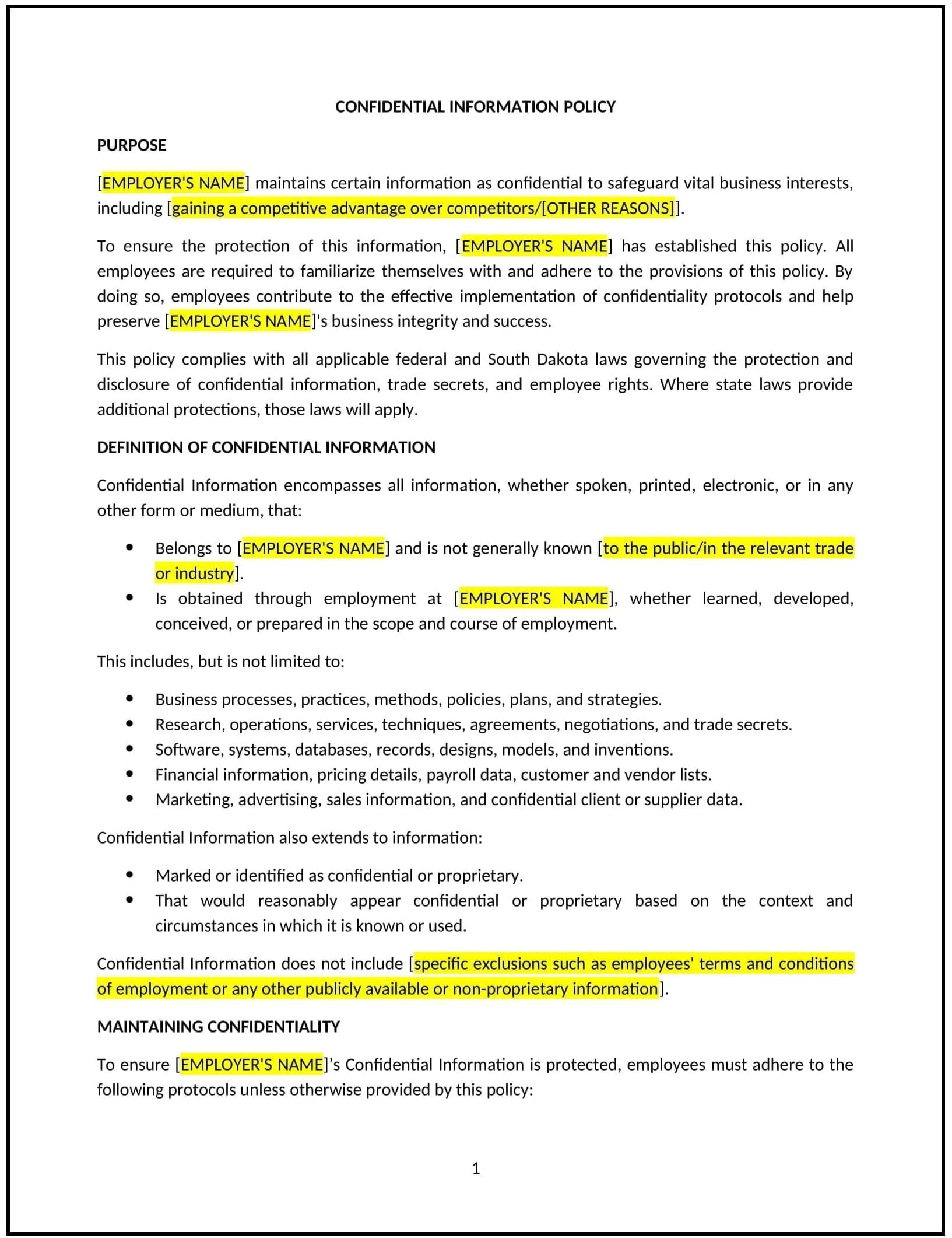 Confidential information policy (South Dakota): Free template