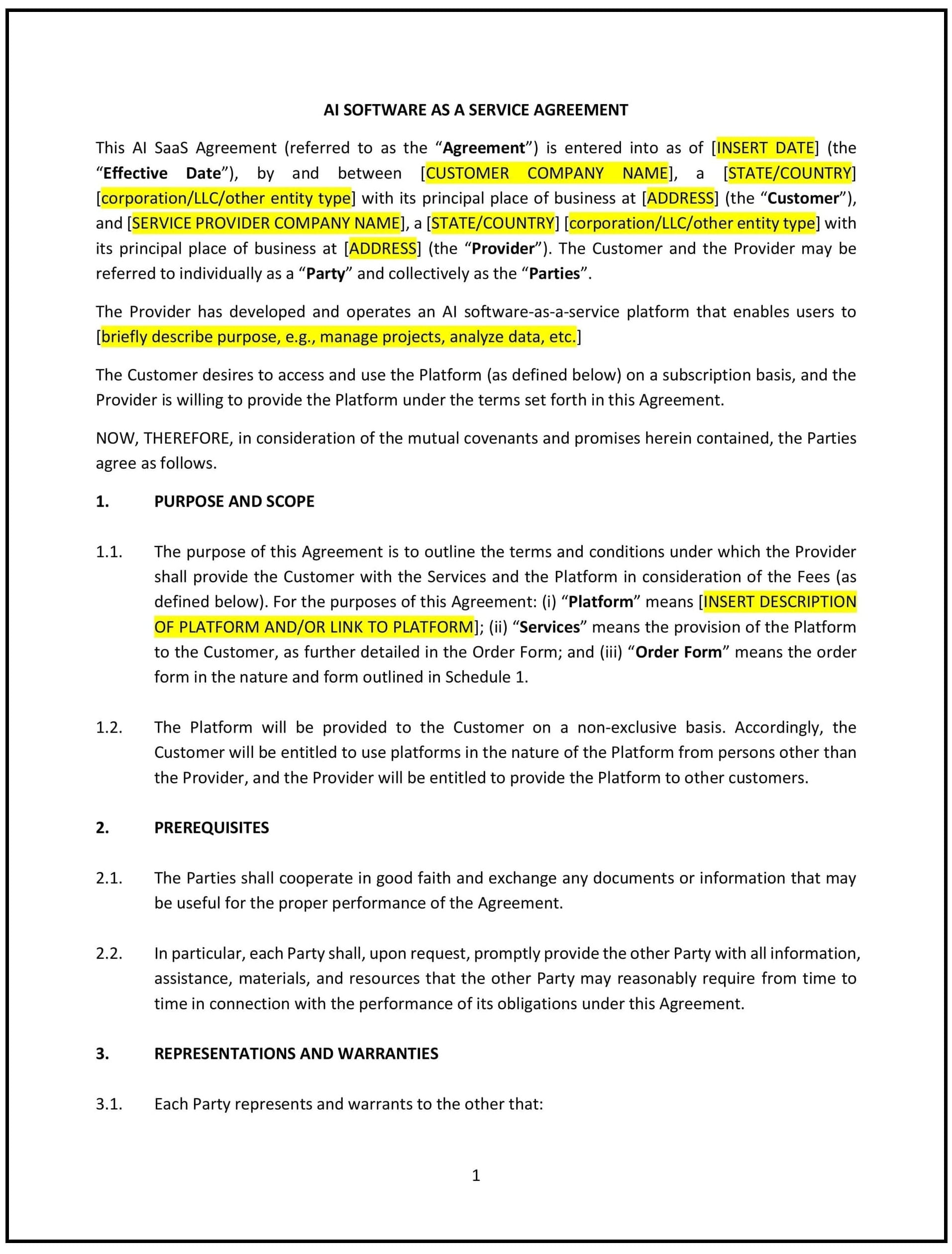 AI SaaS Agreement (South Carolina): Free template
