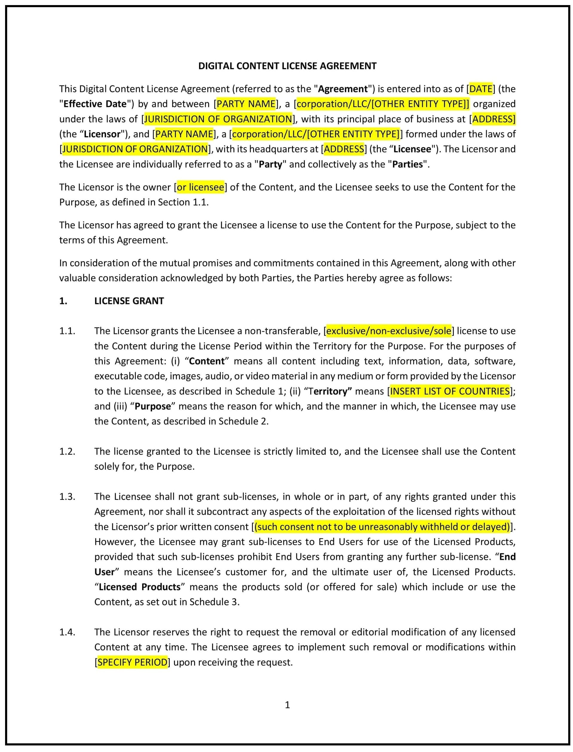 Digital Content License Agreement (Oklahoma): Free template