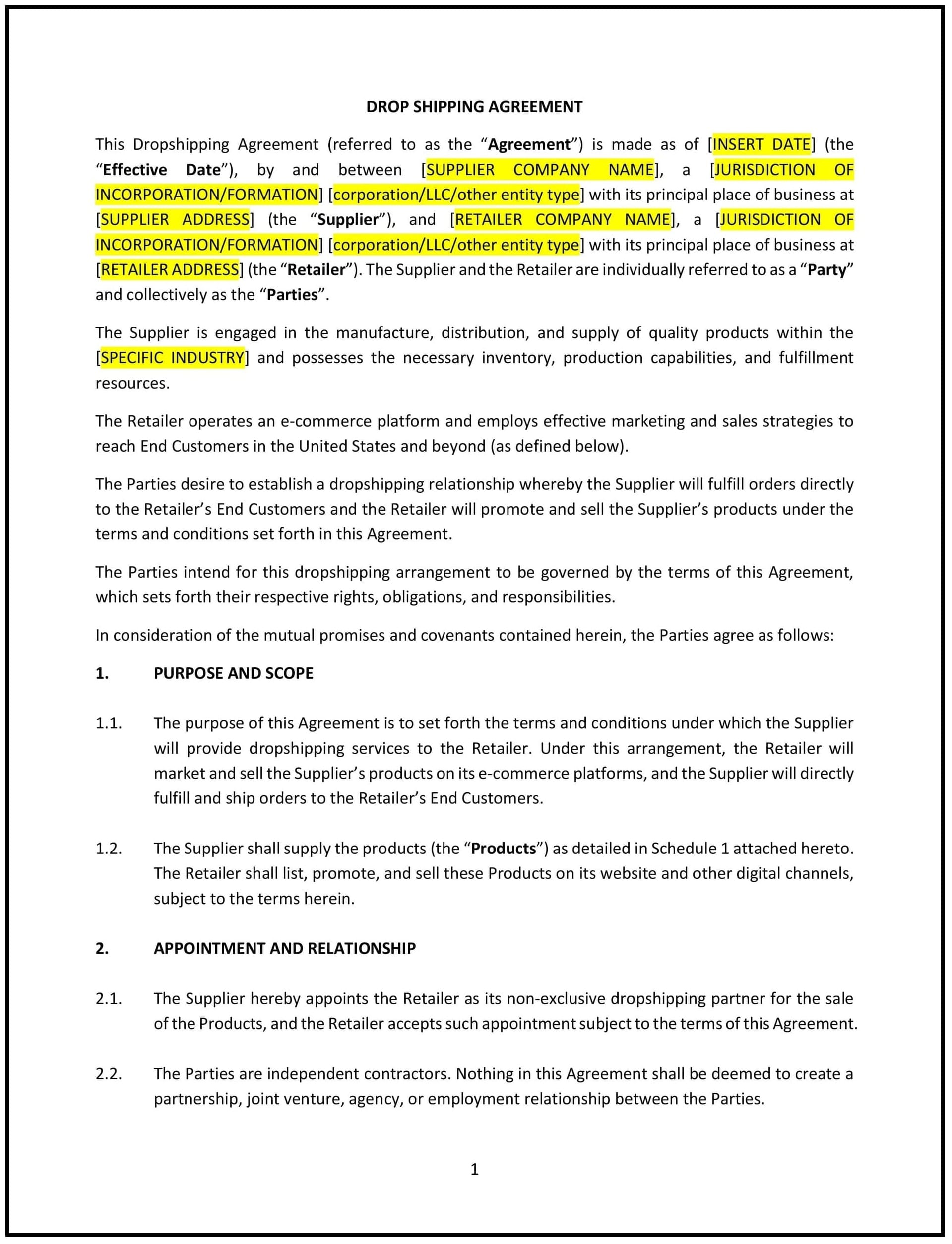 Drop Shipping Agreement (South Dakota): Free template
