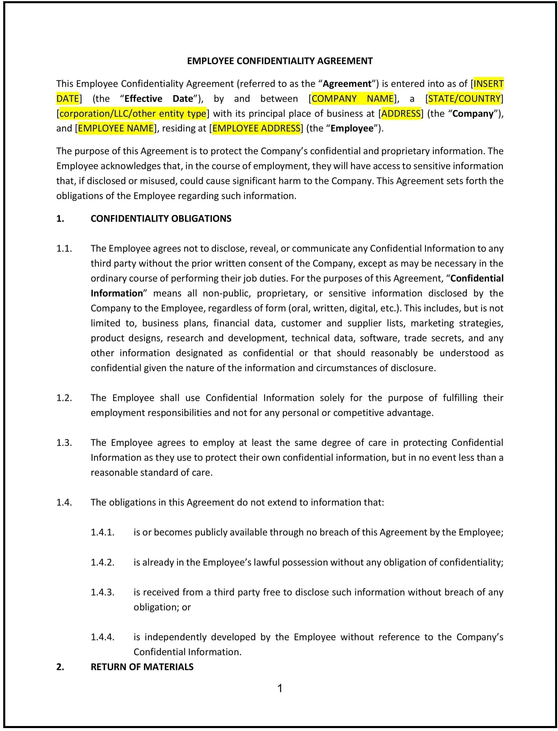 Employee Confidentiality Agreement (North Dakota): Free template