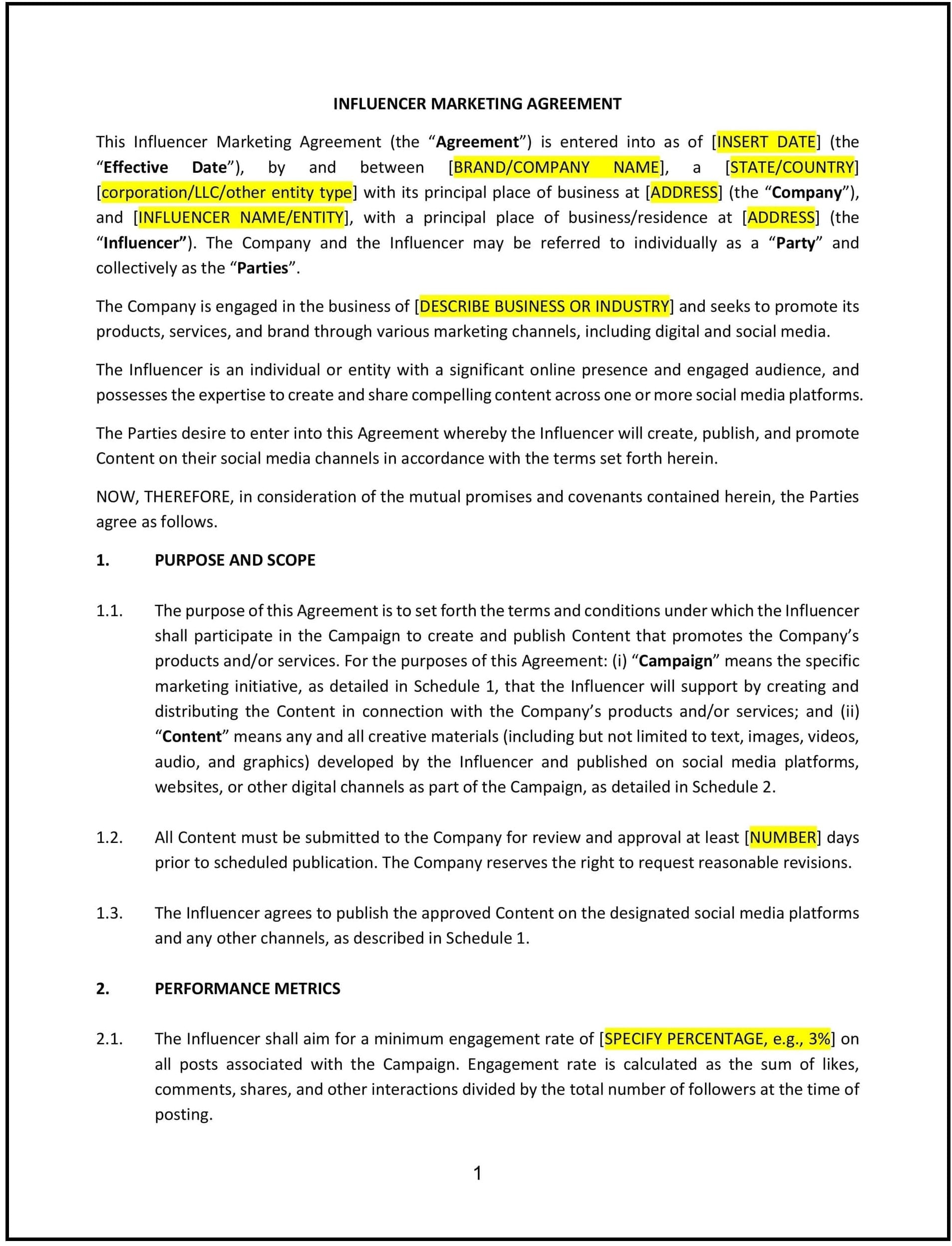 Influencer Marketing Agreement (Nevada): Free template