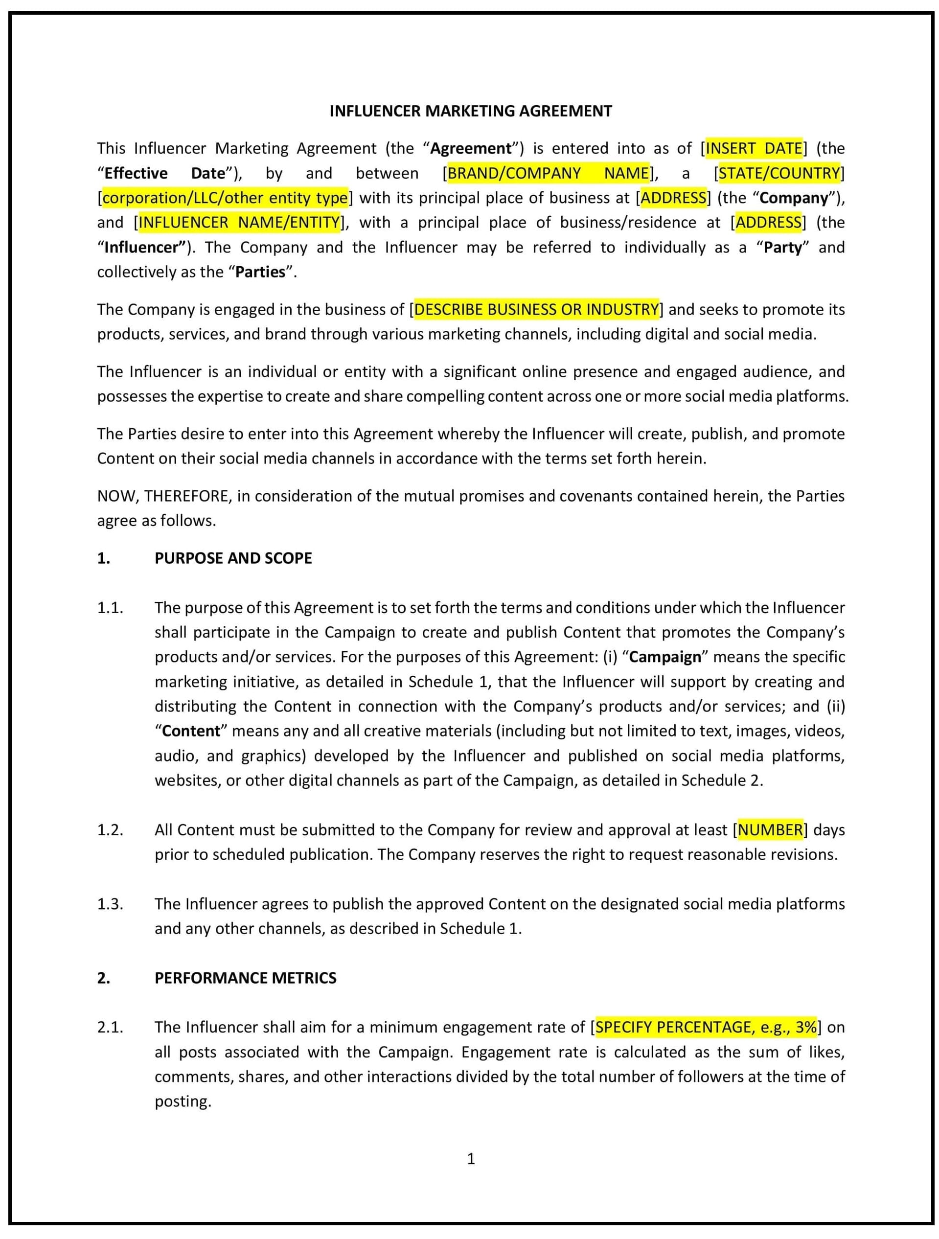 Influencer Marketing Agreement (Tennessee): Free template