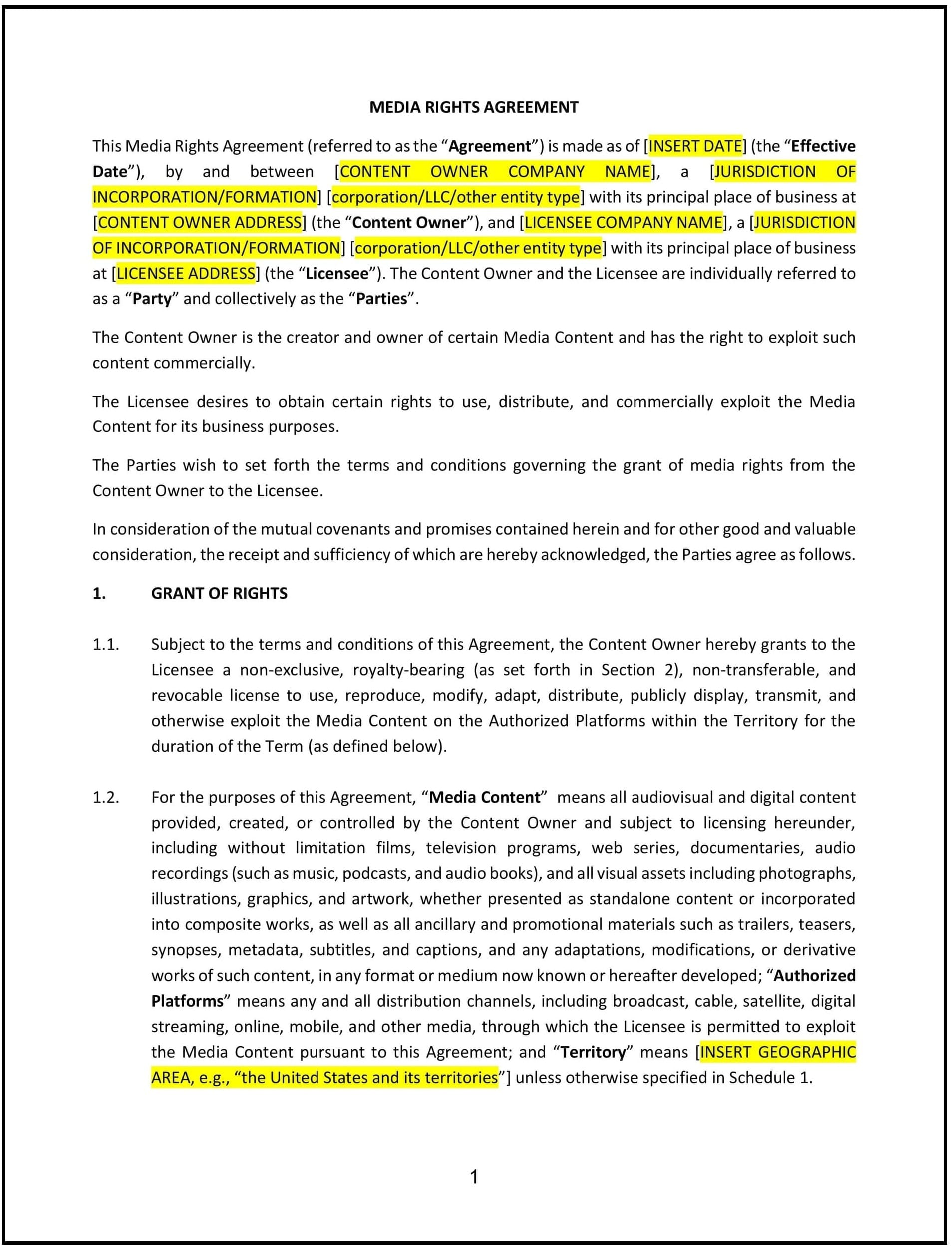 Media Rights Agreement (Nevada): Free template
