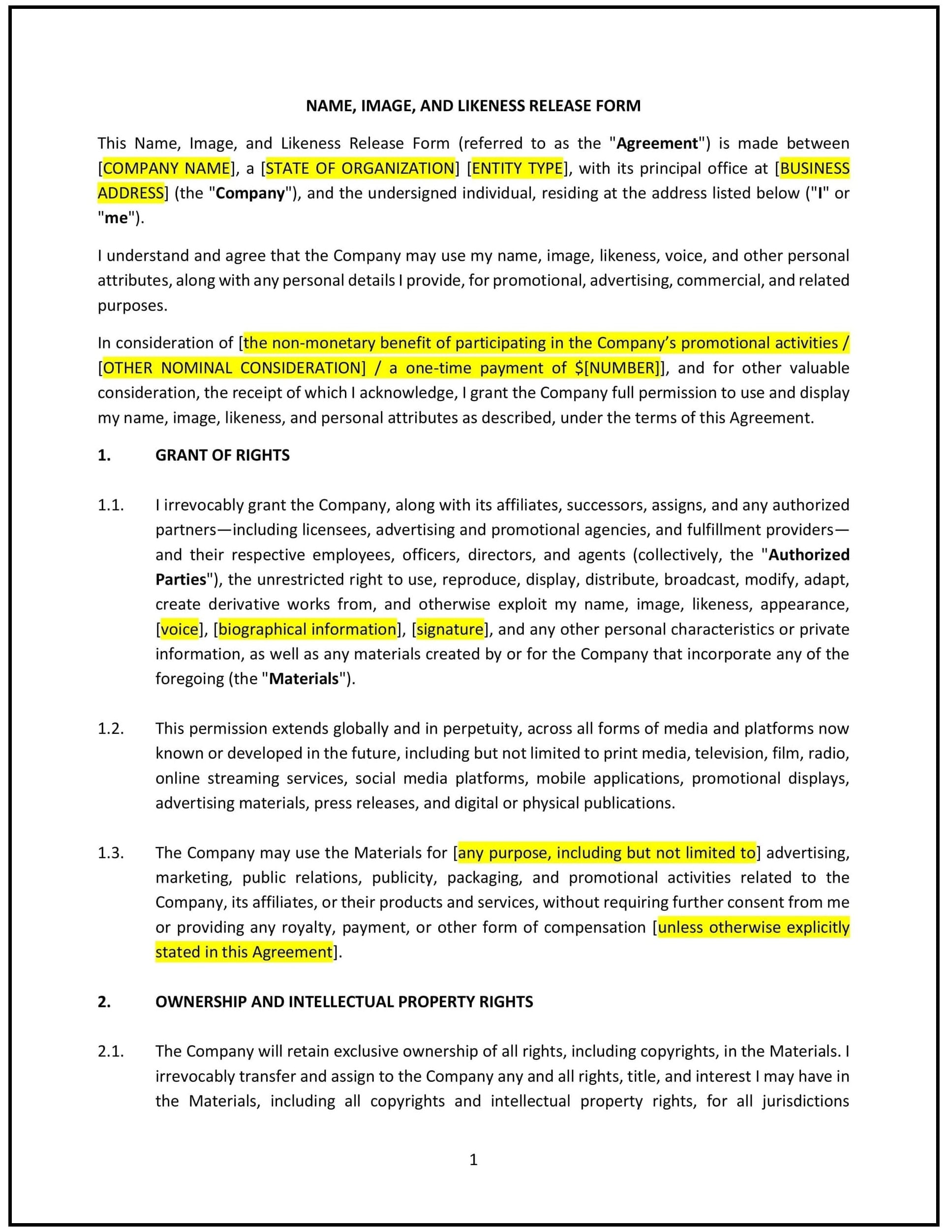 Name, Image, and Likeness Release Form (Pennsylvania): Free template