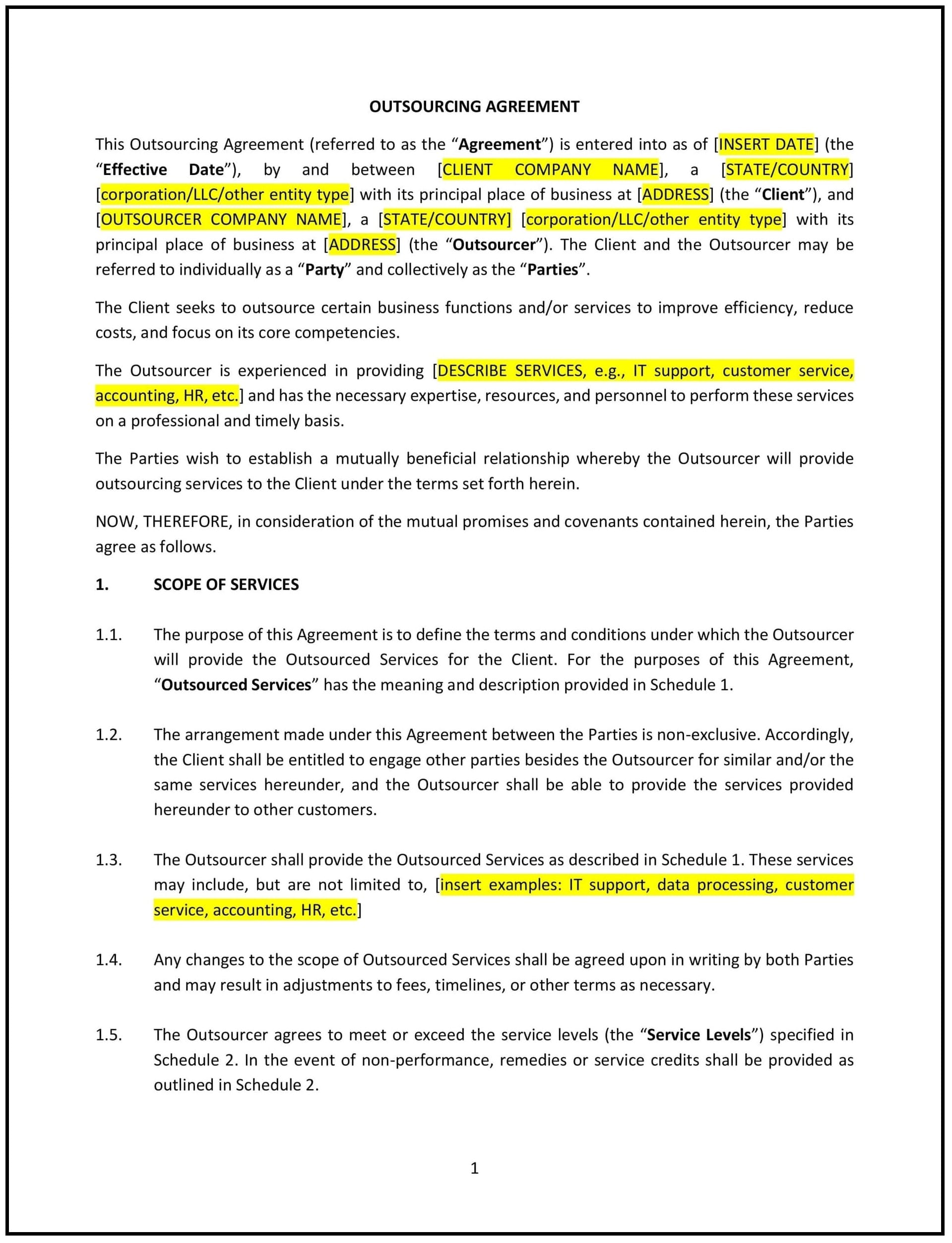 Outsourcing Agreement (South Carolina): Free template