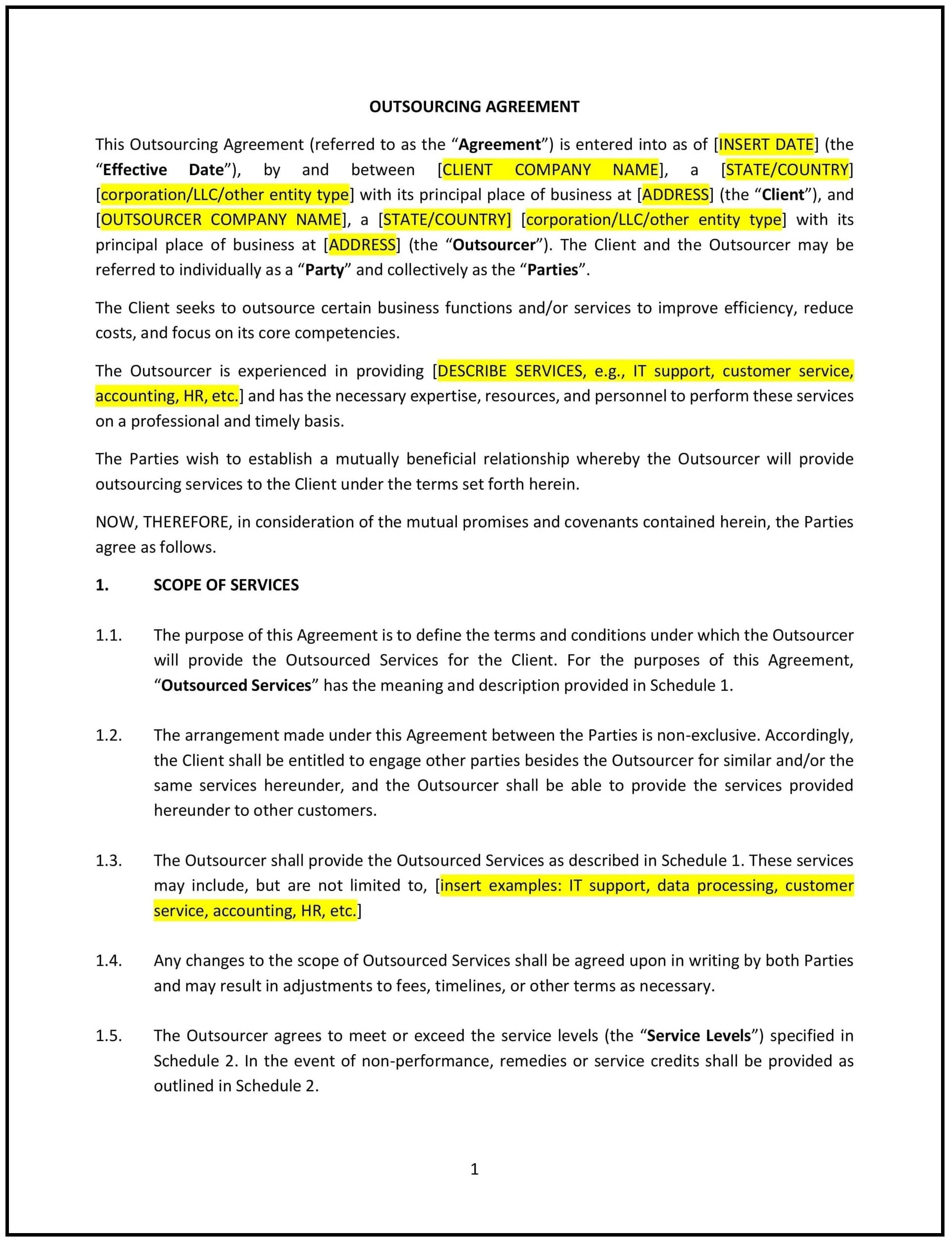 Outsourcing Agreement (Texas): Free template
