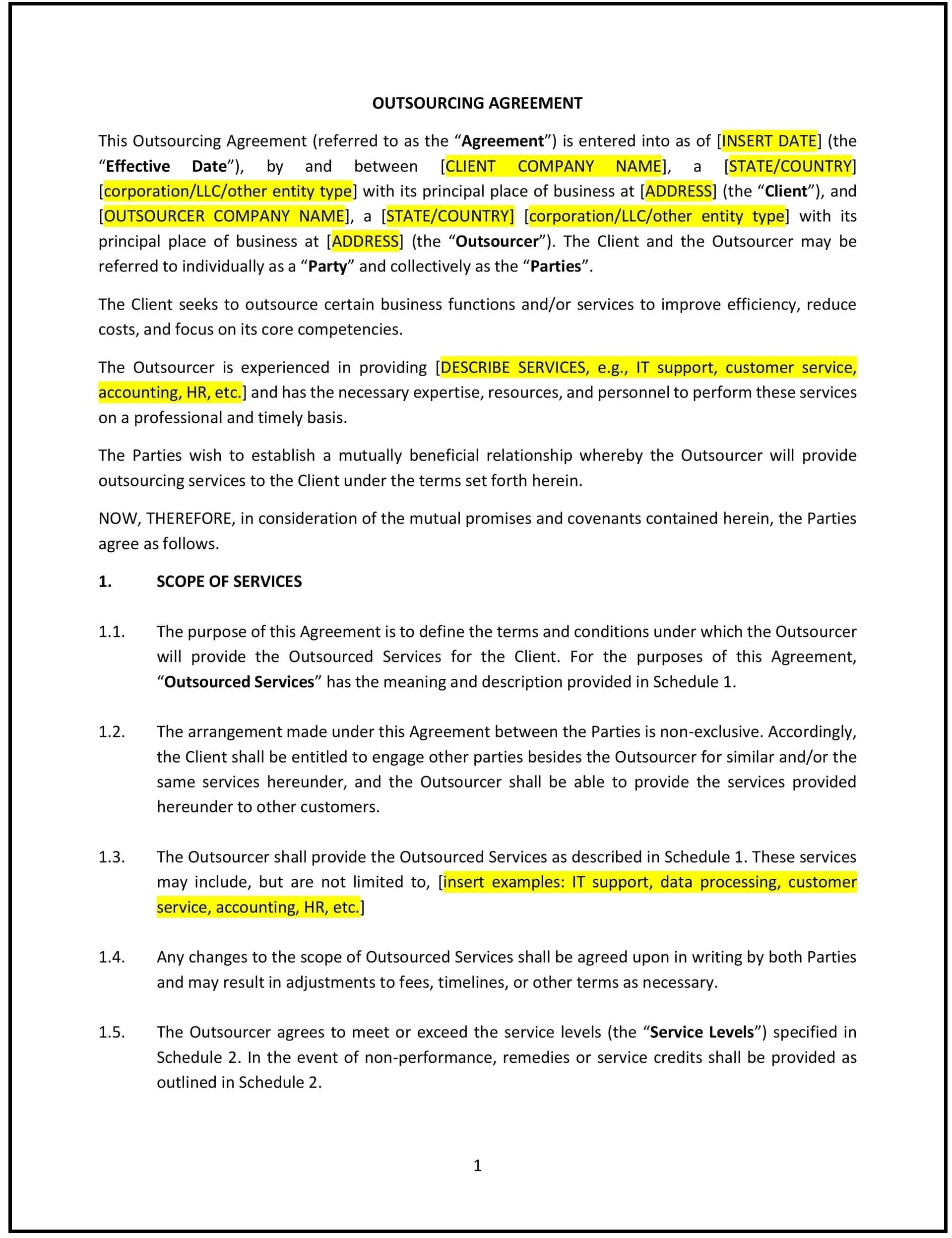Outsourcing Agreement (Wisconsin): Free template