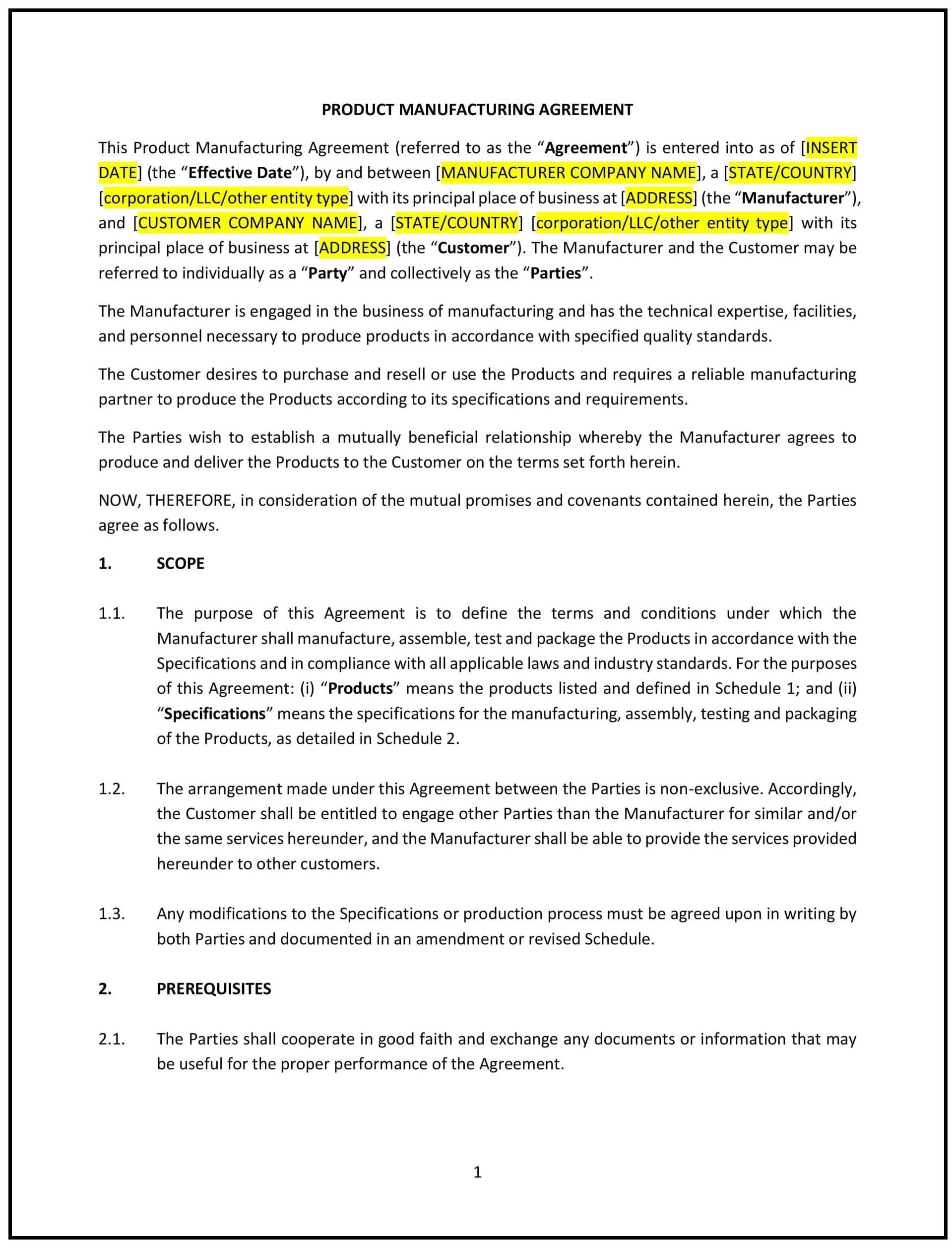 Product Manufacturing Agreement (Pennsylvania): Free template