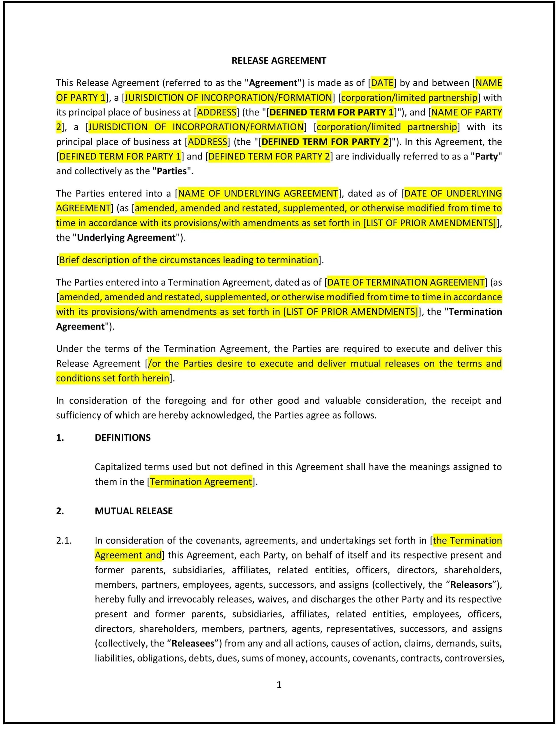 Release Agreement (Mutual) (South Carolina): Free template