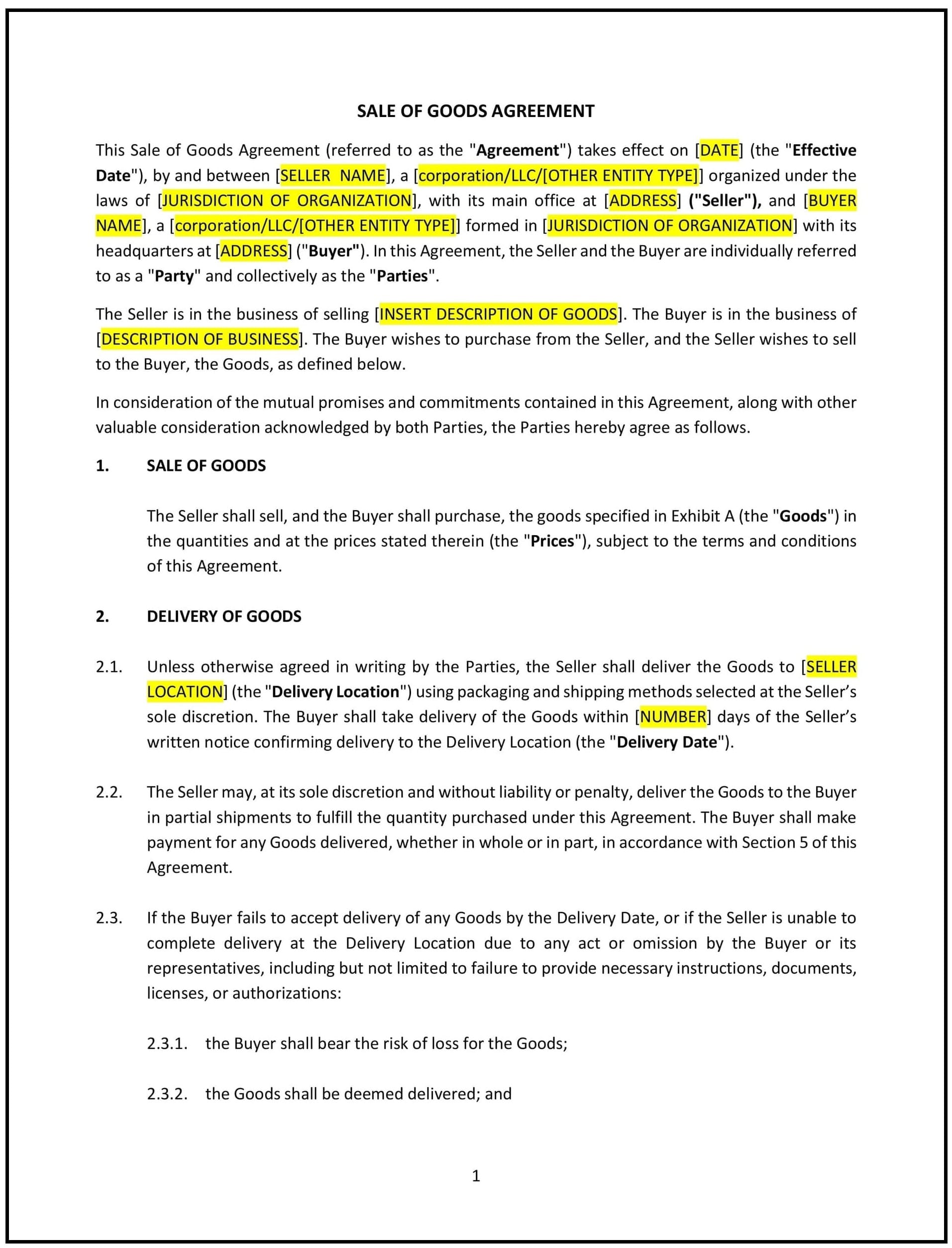 Sale of Goods Agreement (Pro-Seller) (Washington): Free template