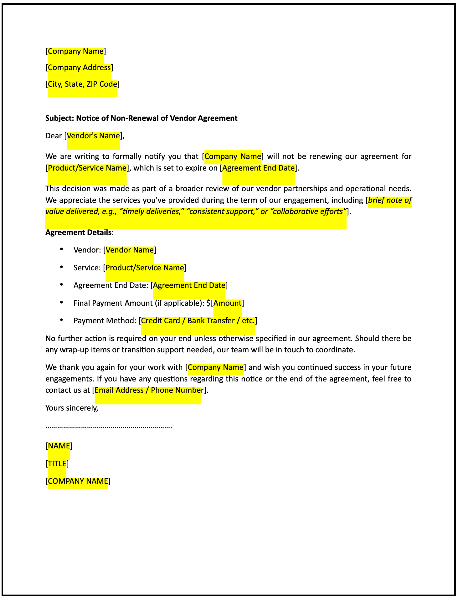 Non-renewal notice letter (Vendor): Free template
