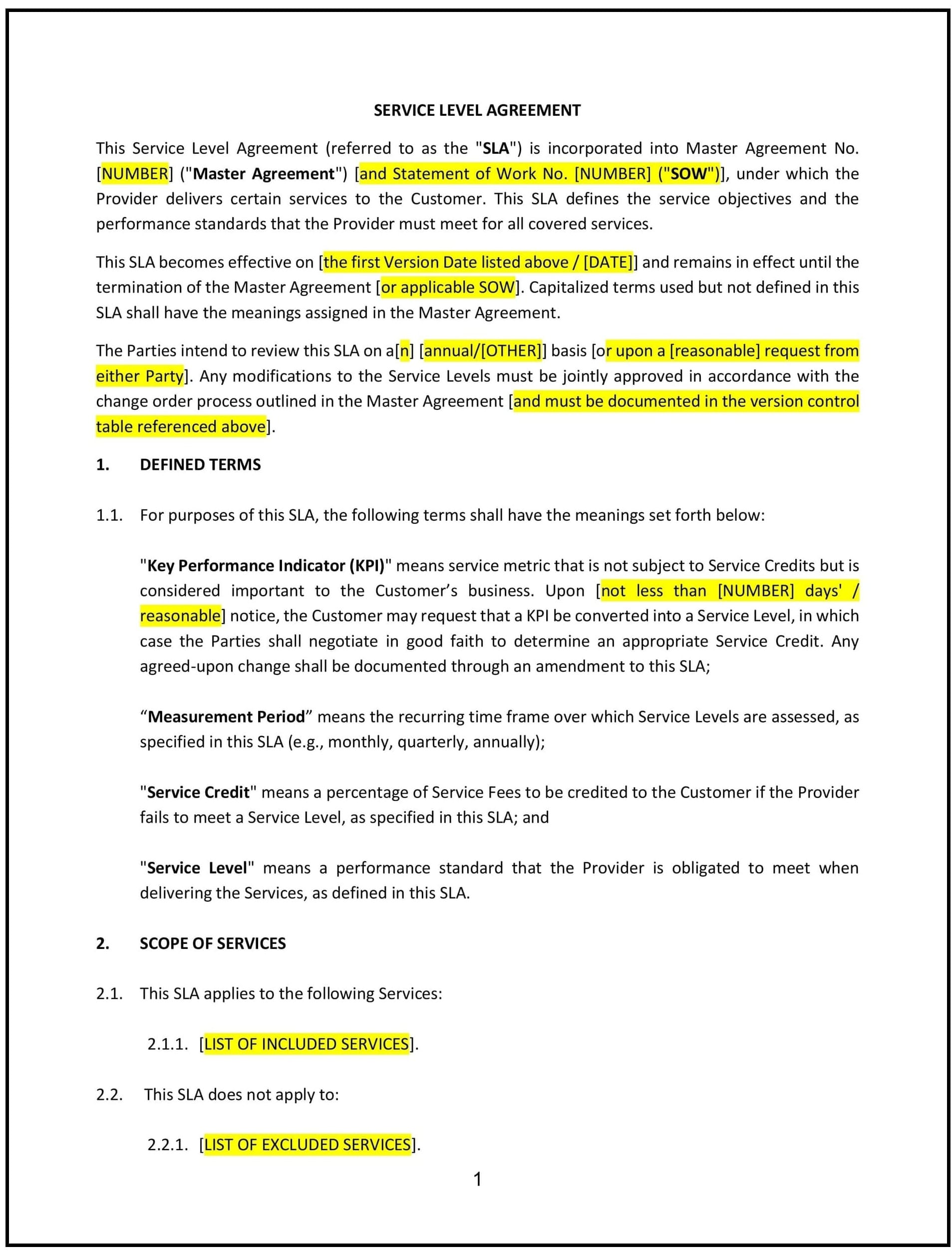 Service Level Agreement (SLA) (New York): Free template