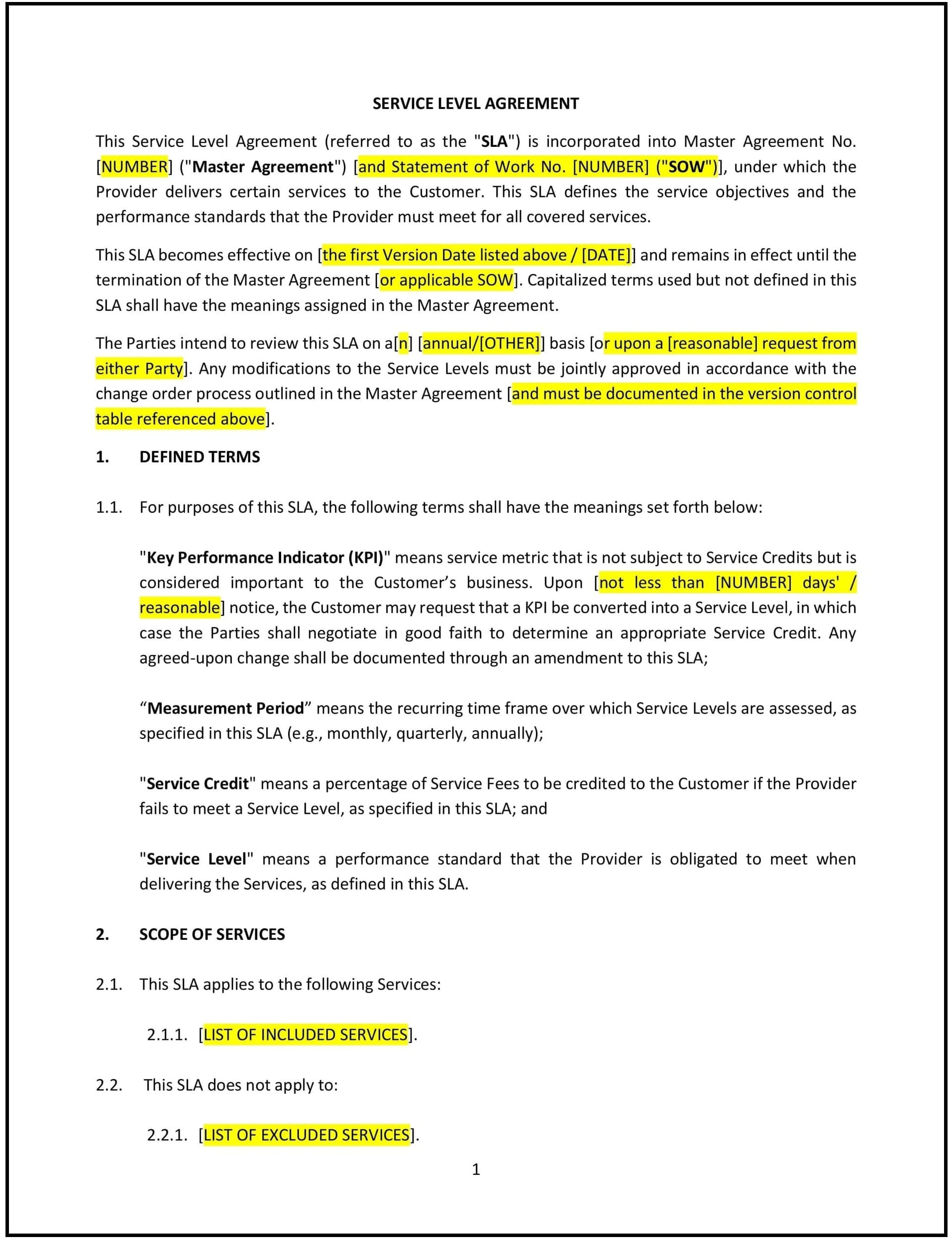 Service Level Agreement (SLA) (Tennessee): Free template