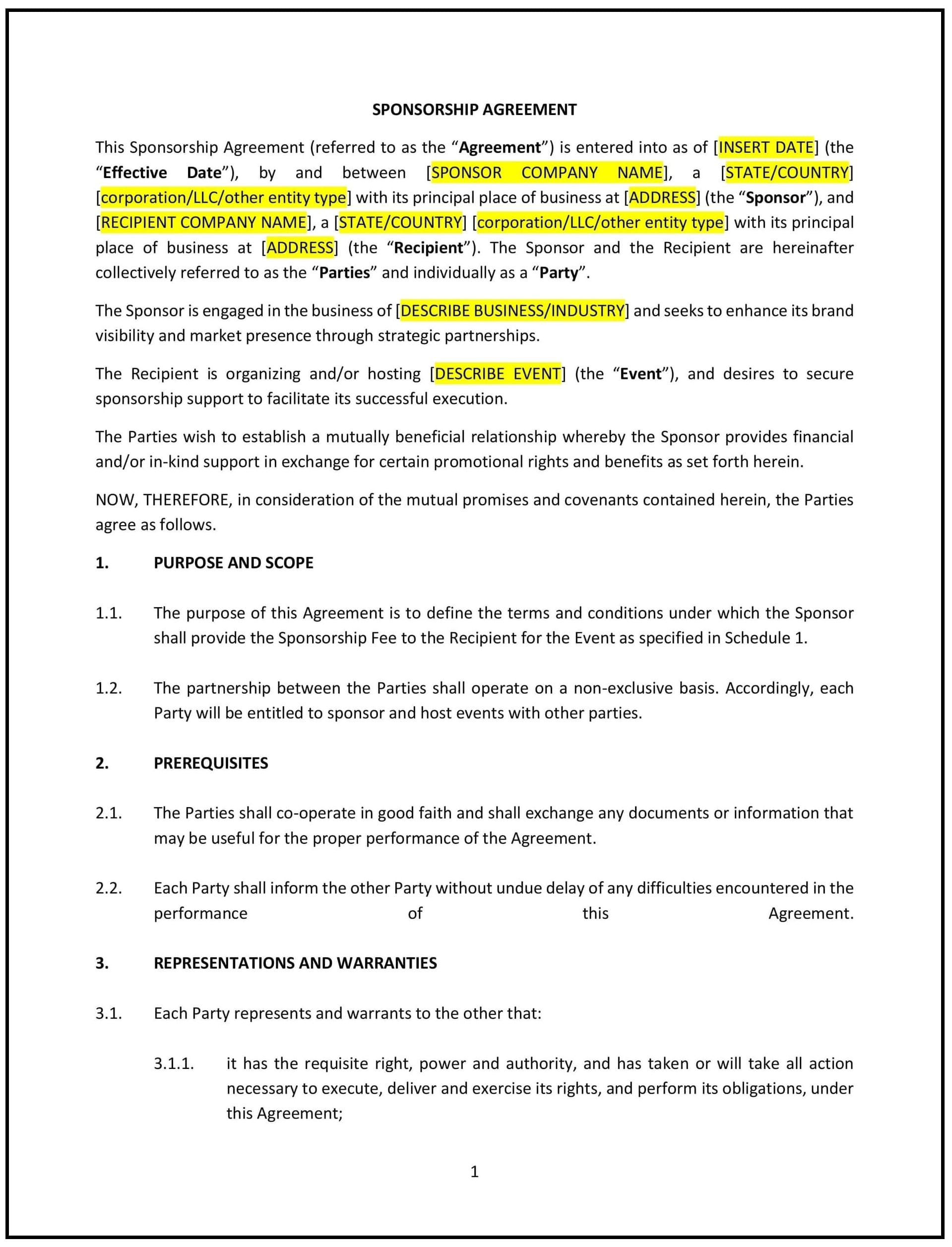 Sponsorship Agreement (South Carolina): Free template