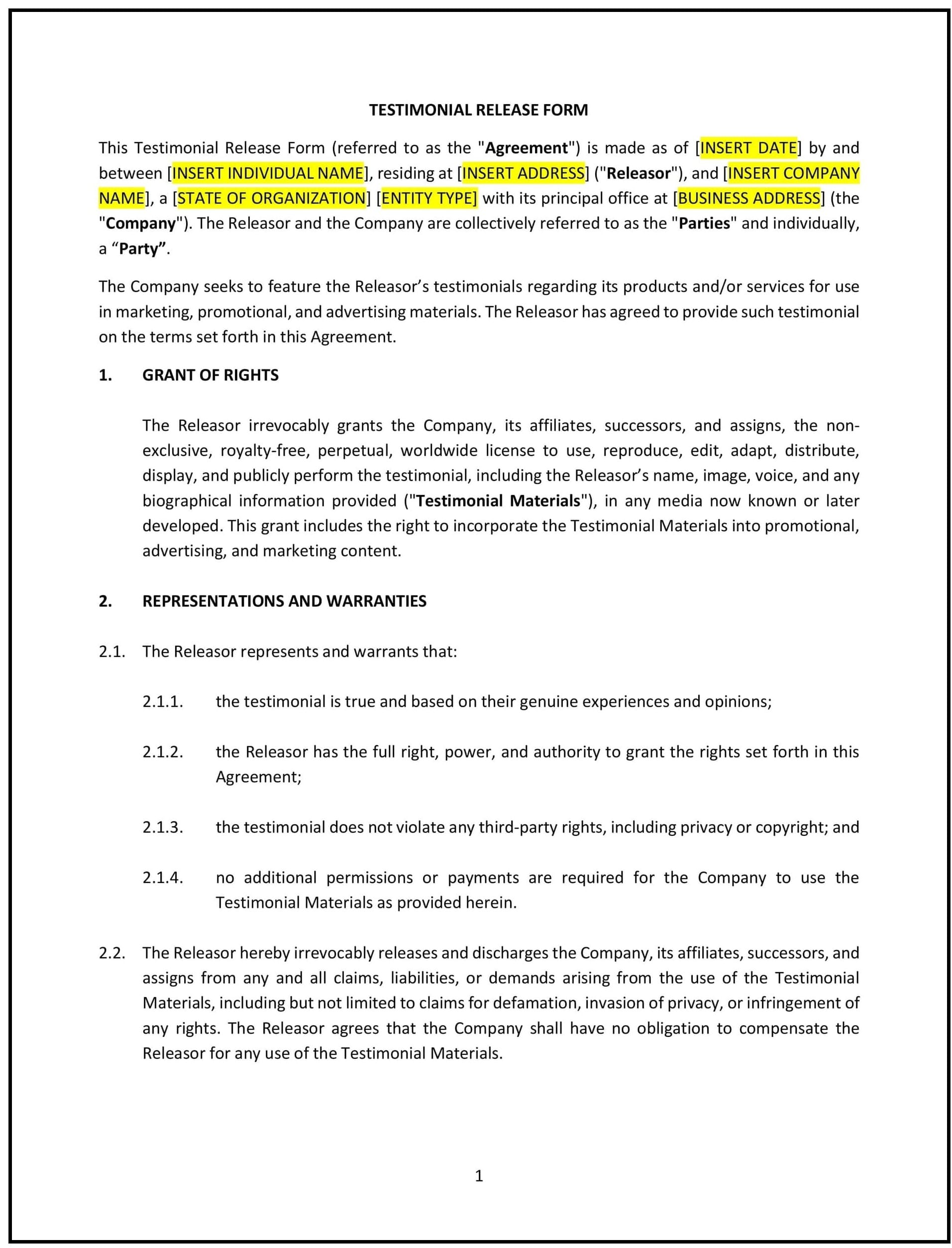 Testimonial Release Form (South Carolina): Free template