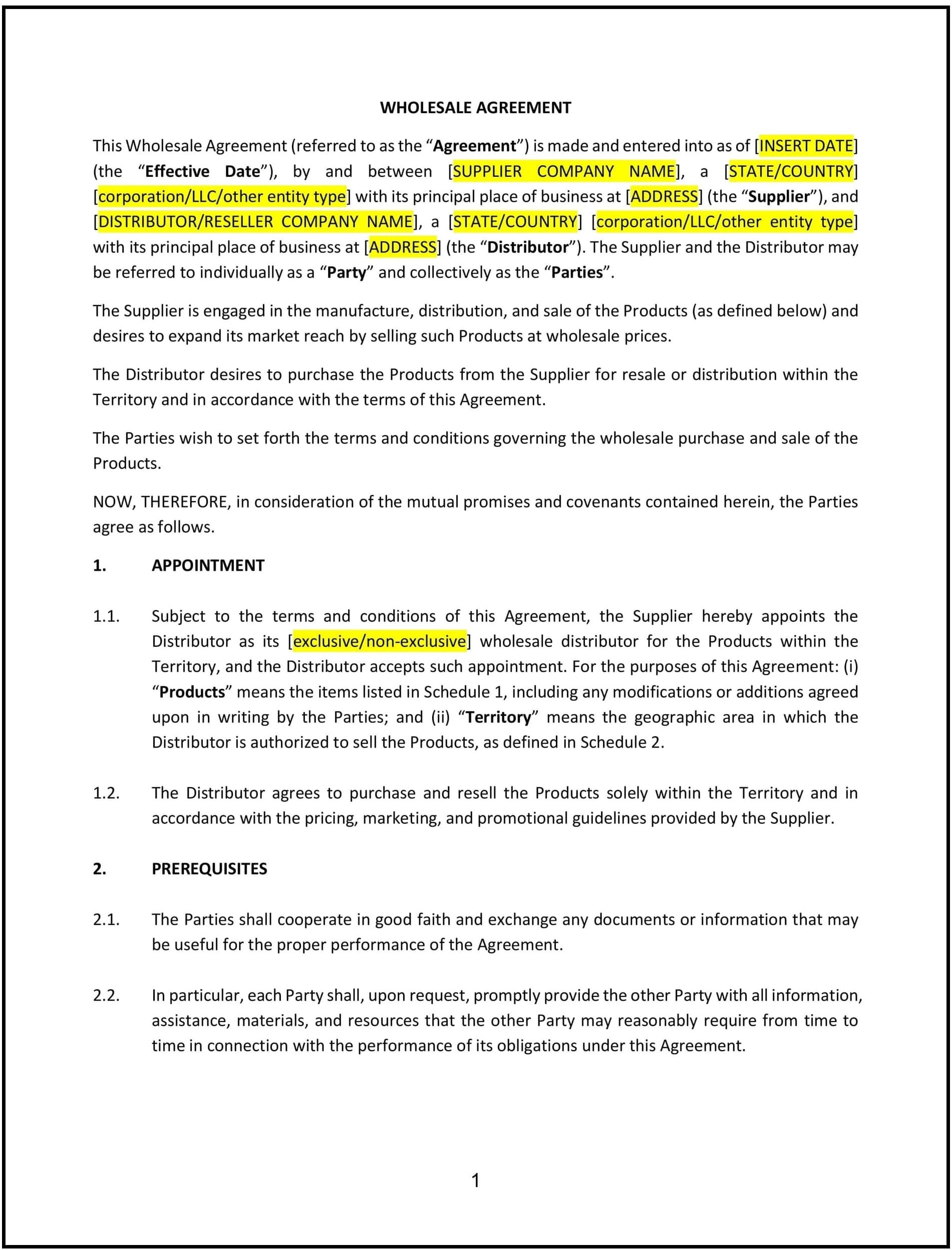 Wholesale Agreement (Montana): Free template