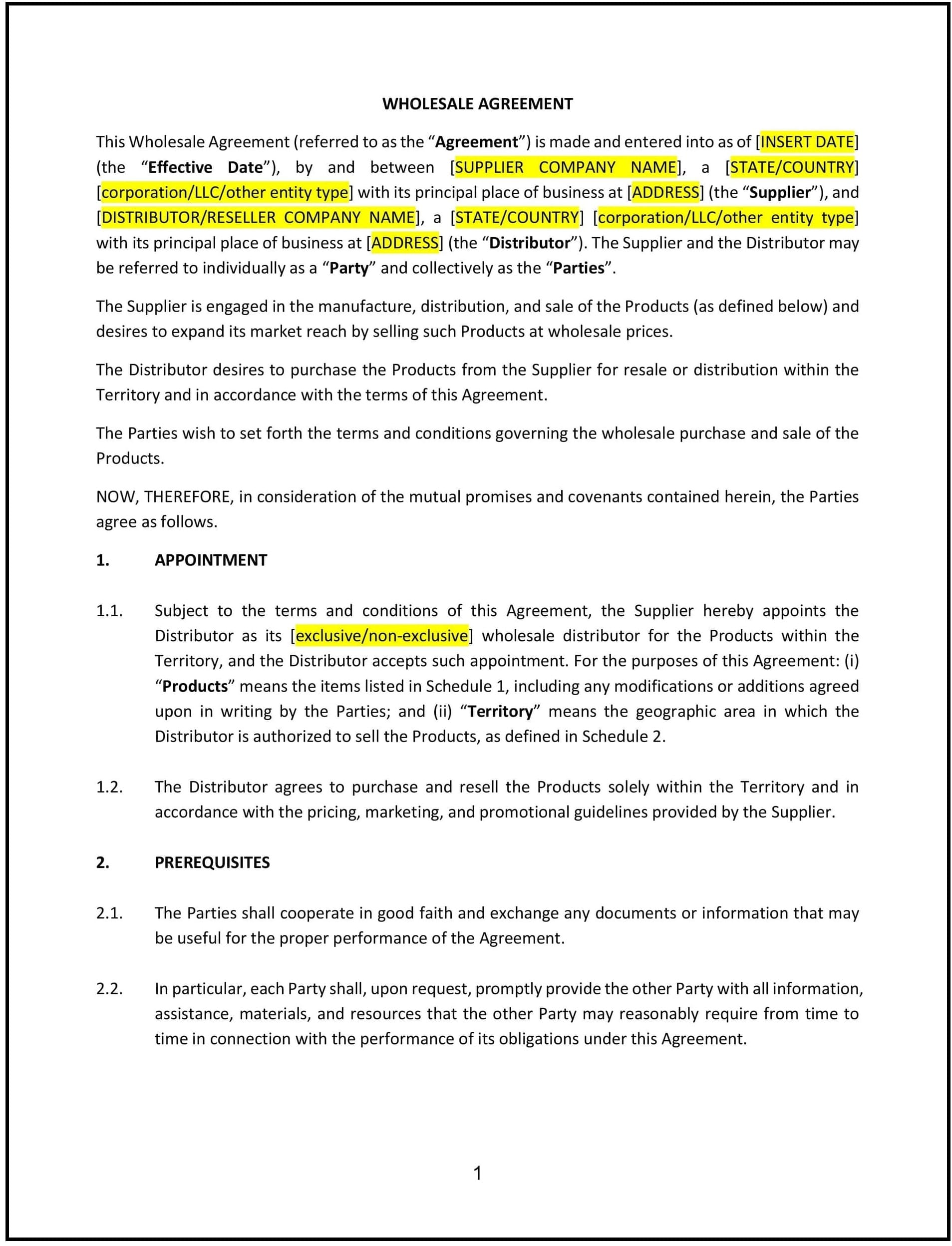 Wholesale Agreement (Nebraska): Free template