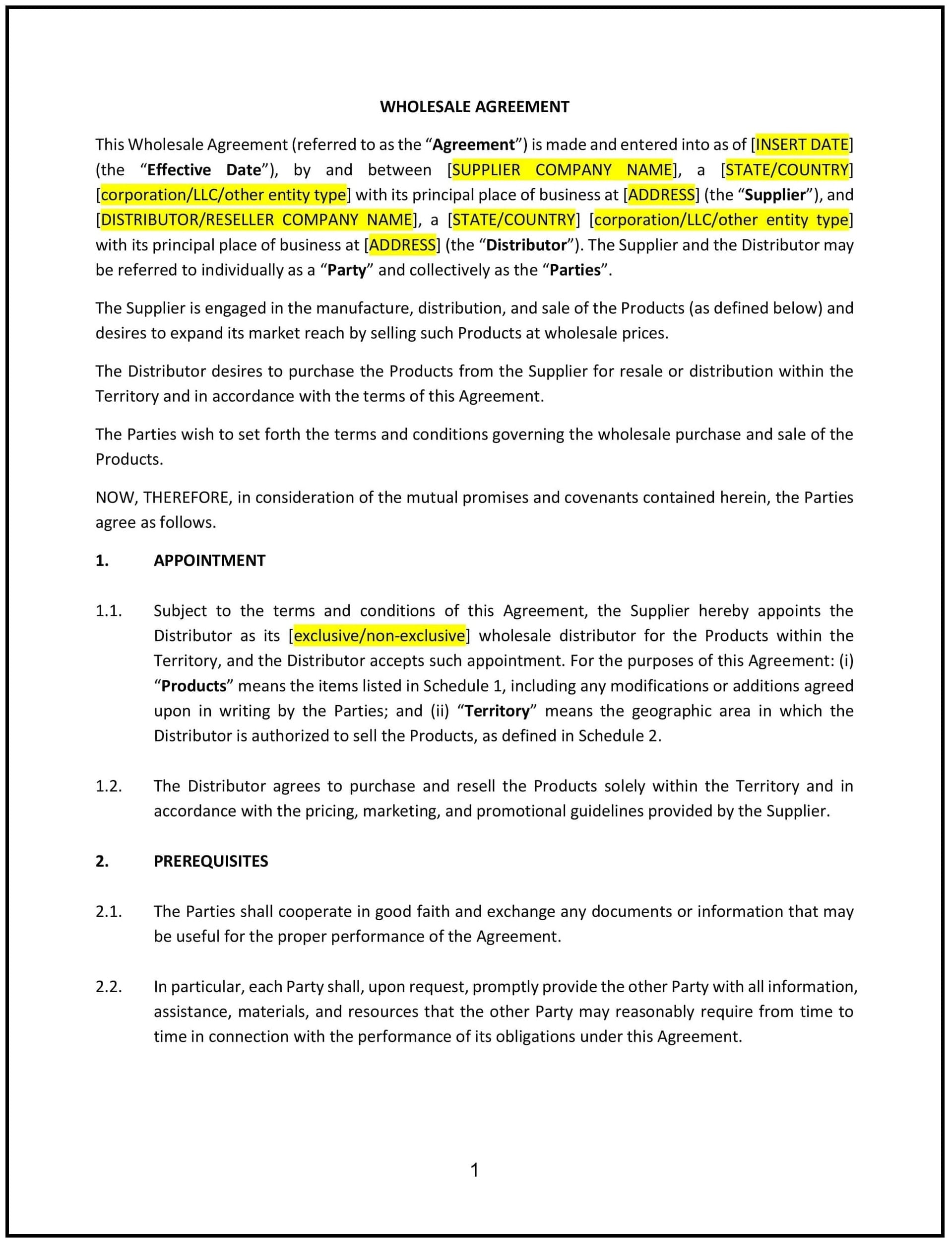 Wholesale Agreement (Nevada): Free template
