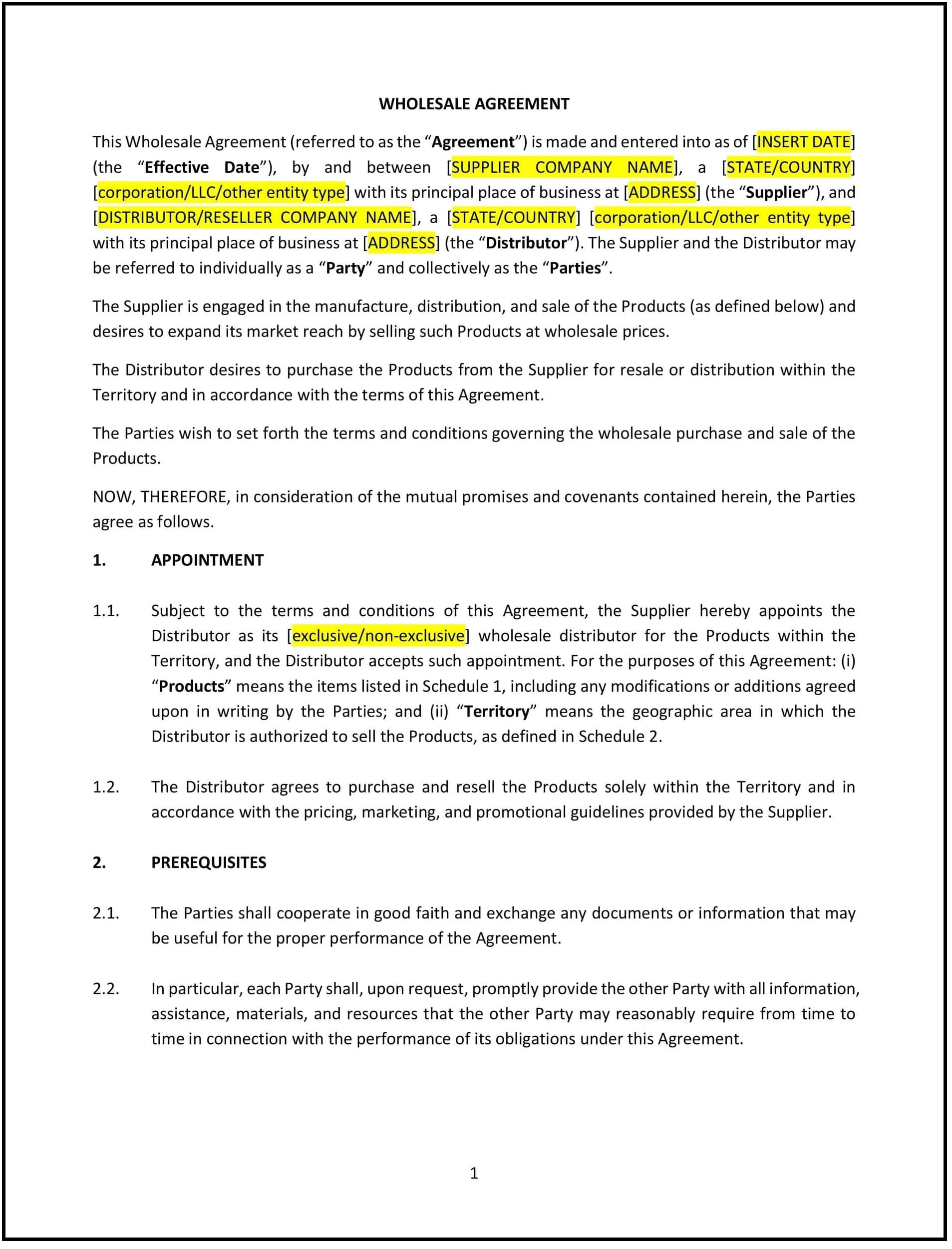 Wholesale Agreement (Wisconsin): Free template