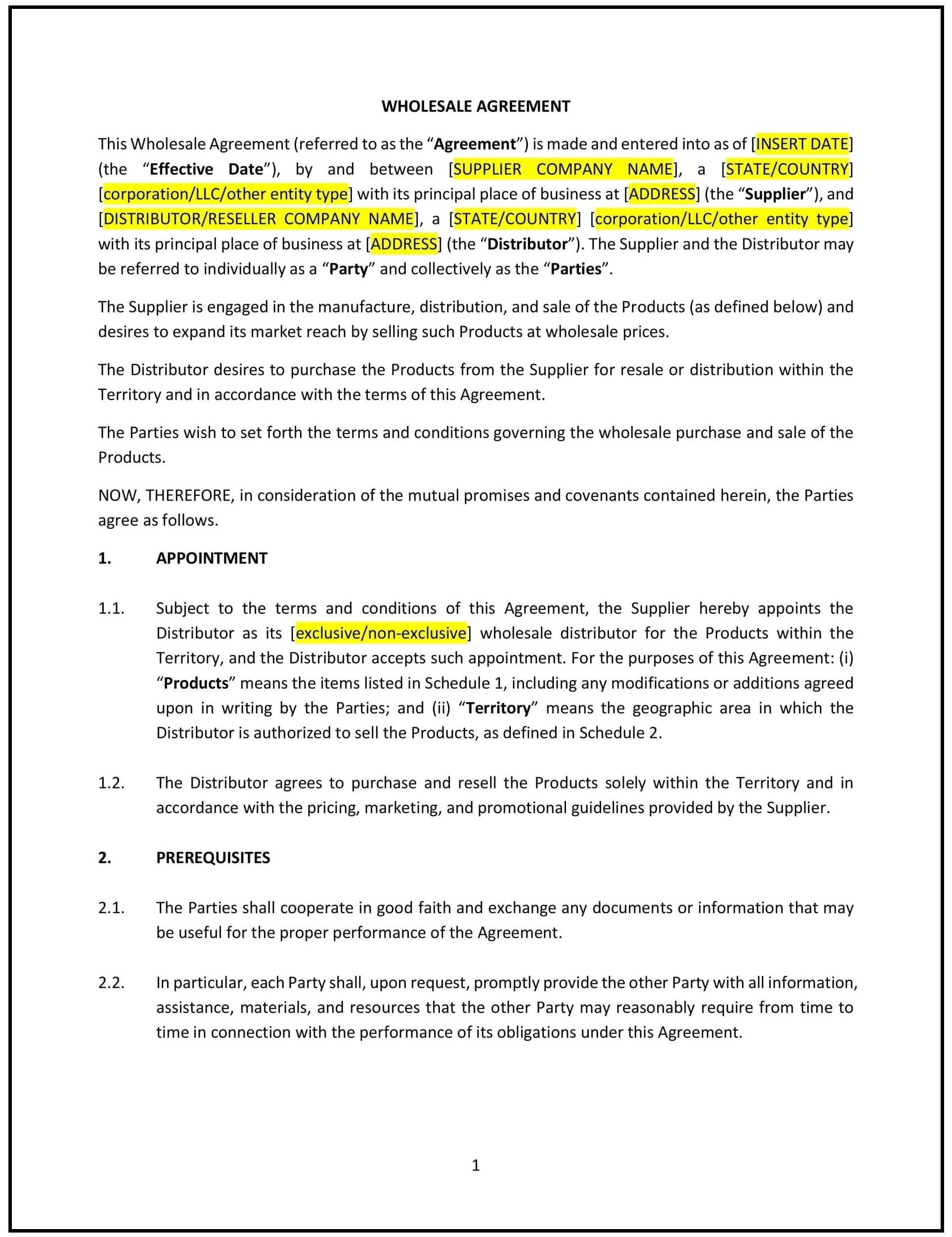 Wholesale Agreement (Wyoming): Free template