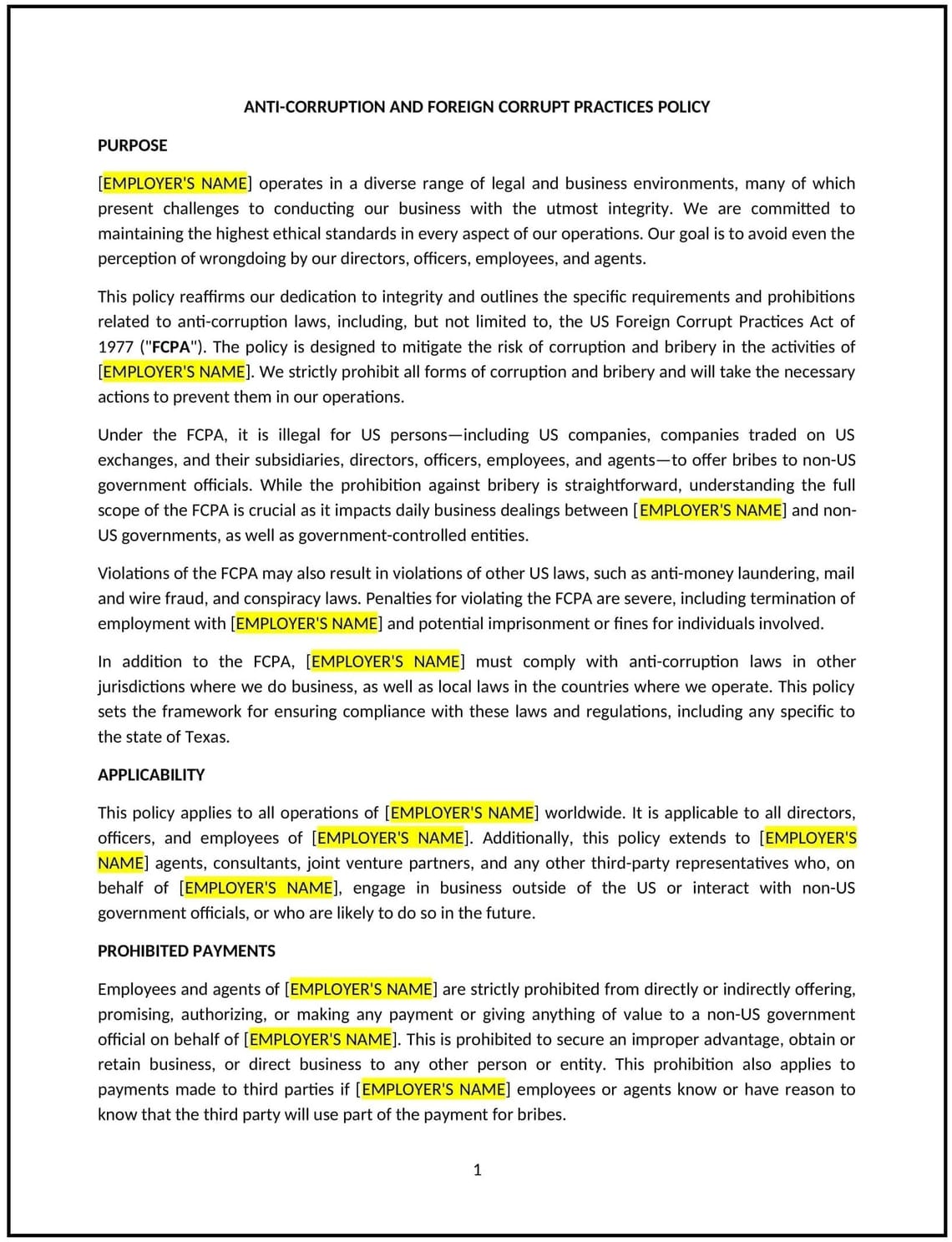 Anti corruption and foreign corrupt practices policy (Texas): Free template