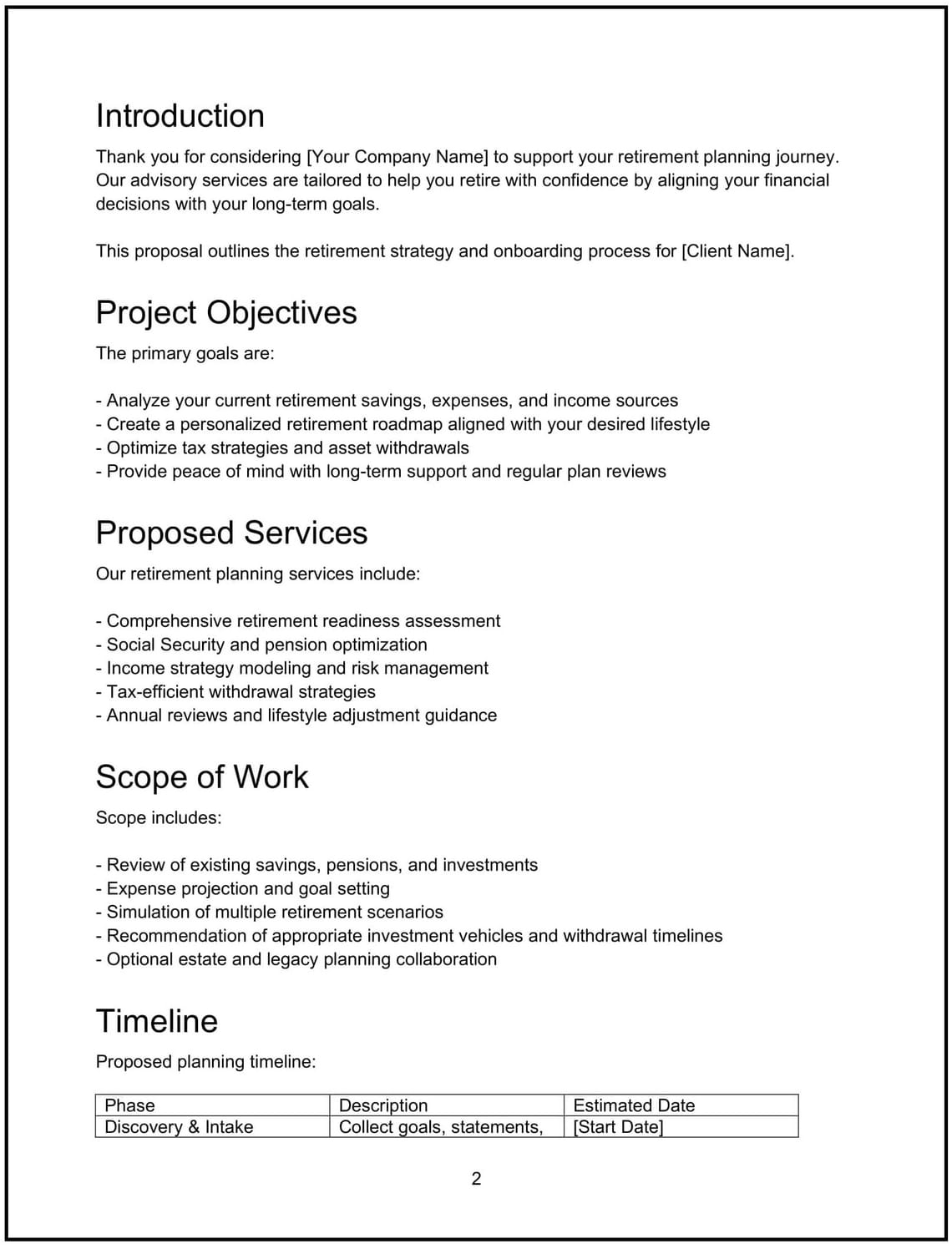 Retirement planning advisory proposal: Free template