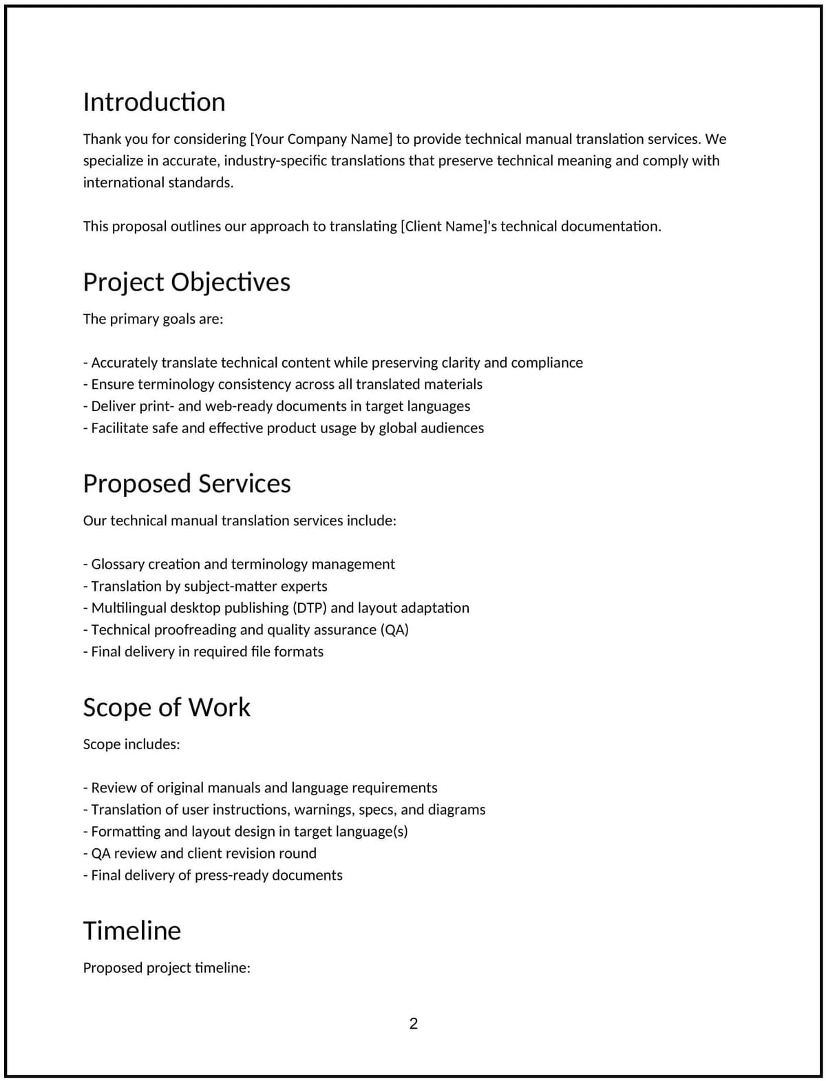 Technical manual translation proposal: Free template