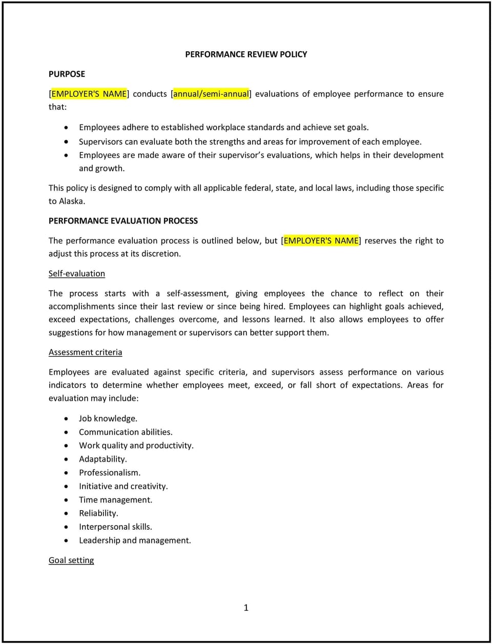 Performance review policy (Alaska): Free template
