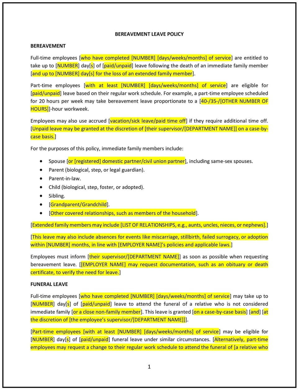 Bereavement leave policy (Arizona): Free template