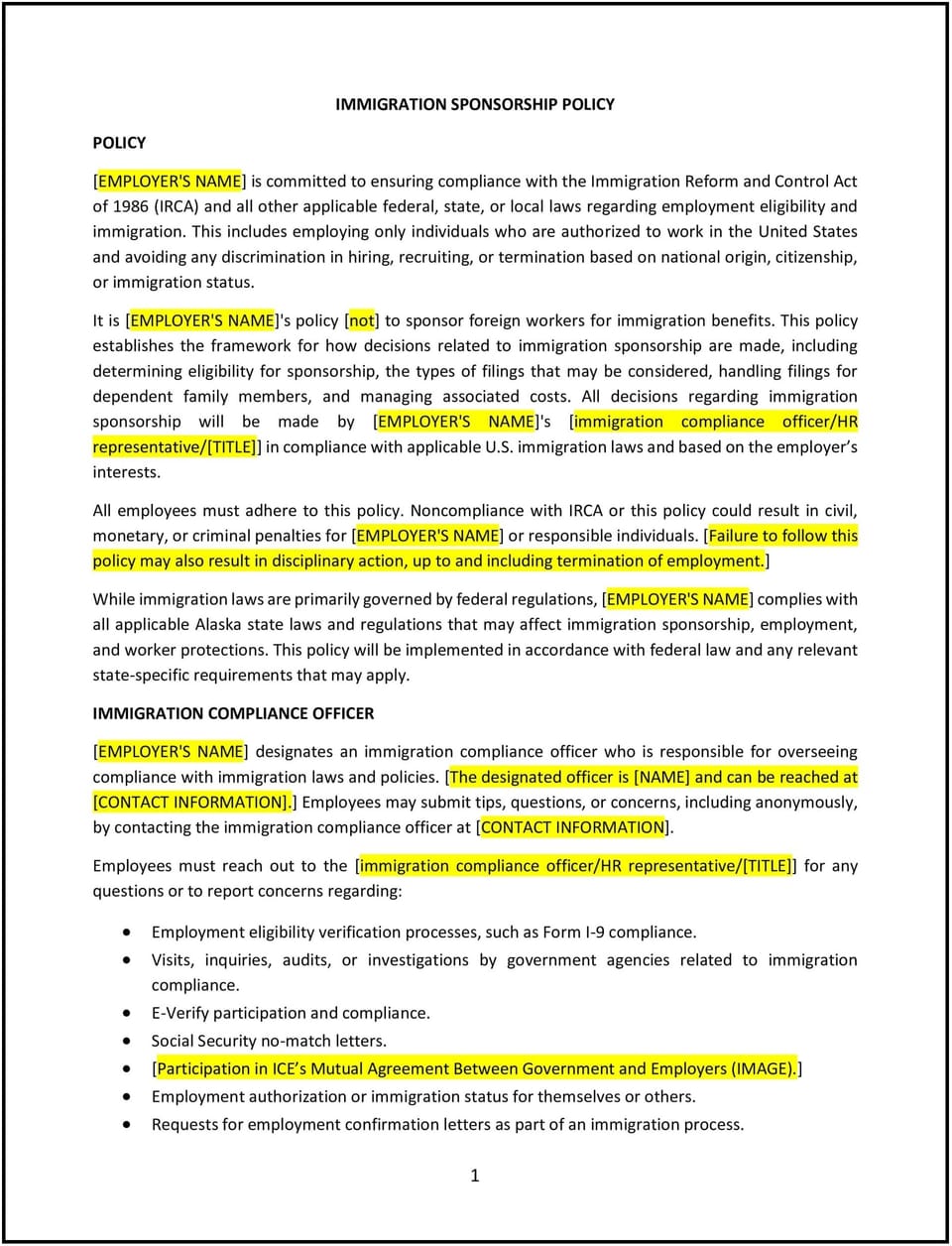 Immigration sponsorship policy (Alaska): Free template