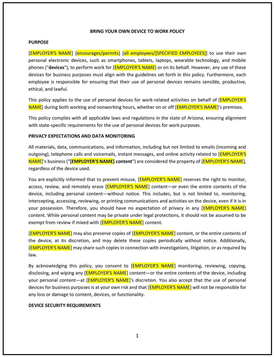 Bring your own device to work policy (Arizona): Free template