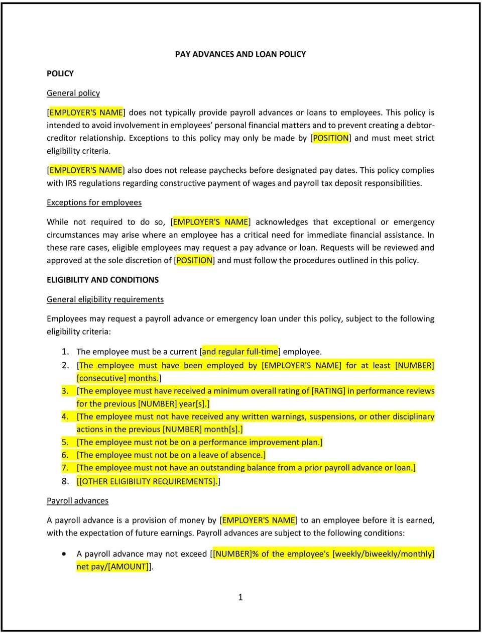 Pay advances and loan policy (Alabama): Free template