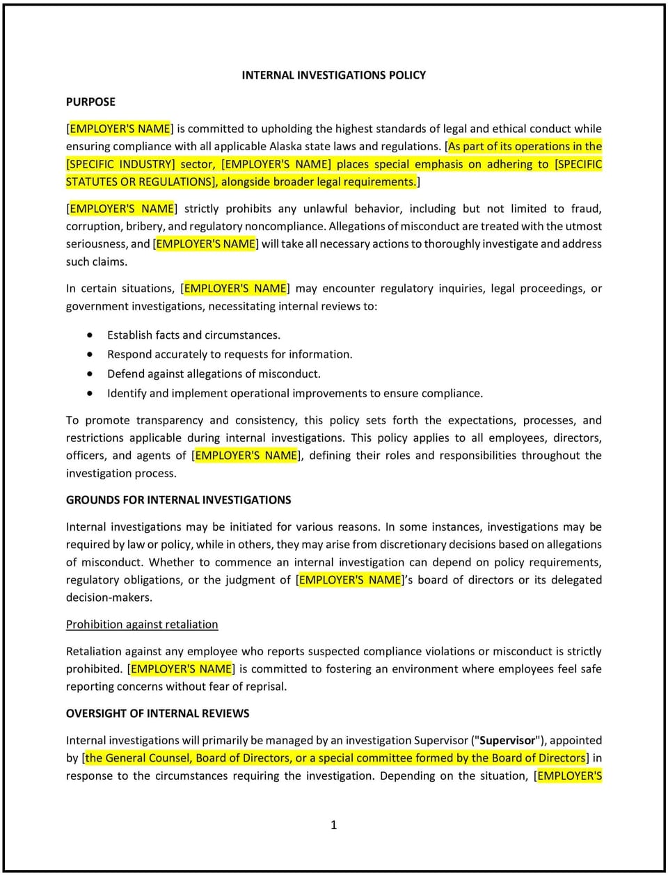 Internal investigations policy (Alaska): Free template