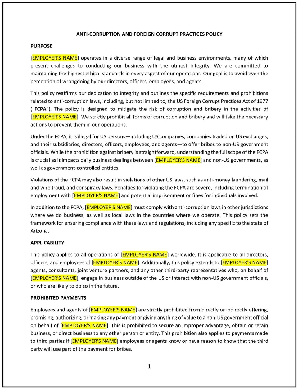 Anti-corruption and foreign corrupt practices policy (Arizona)