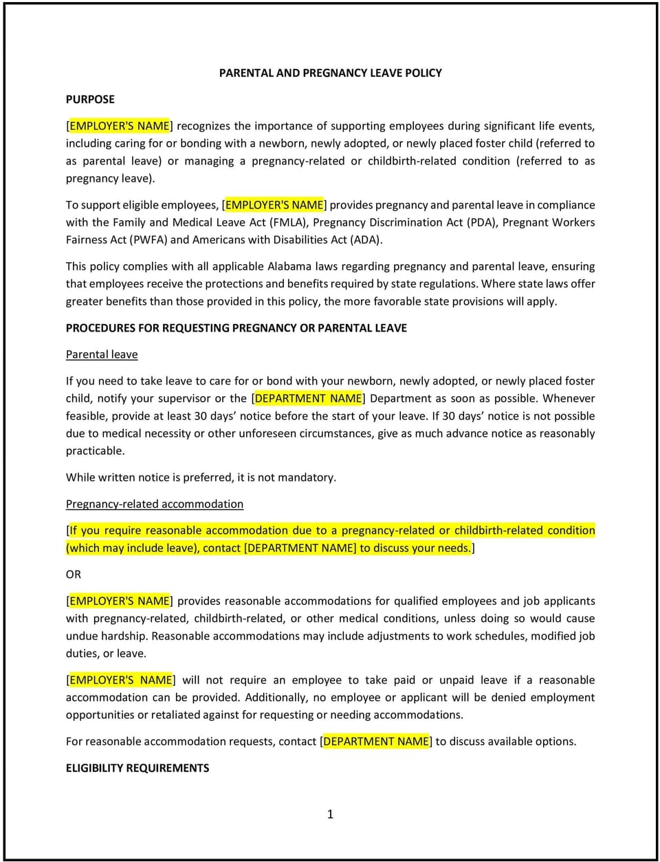 Parental and pregnancy leave policy (Alabama): Free template