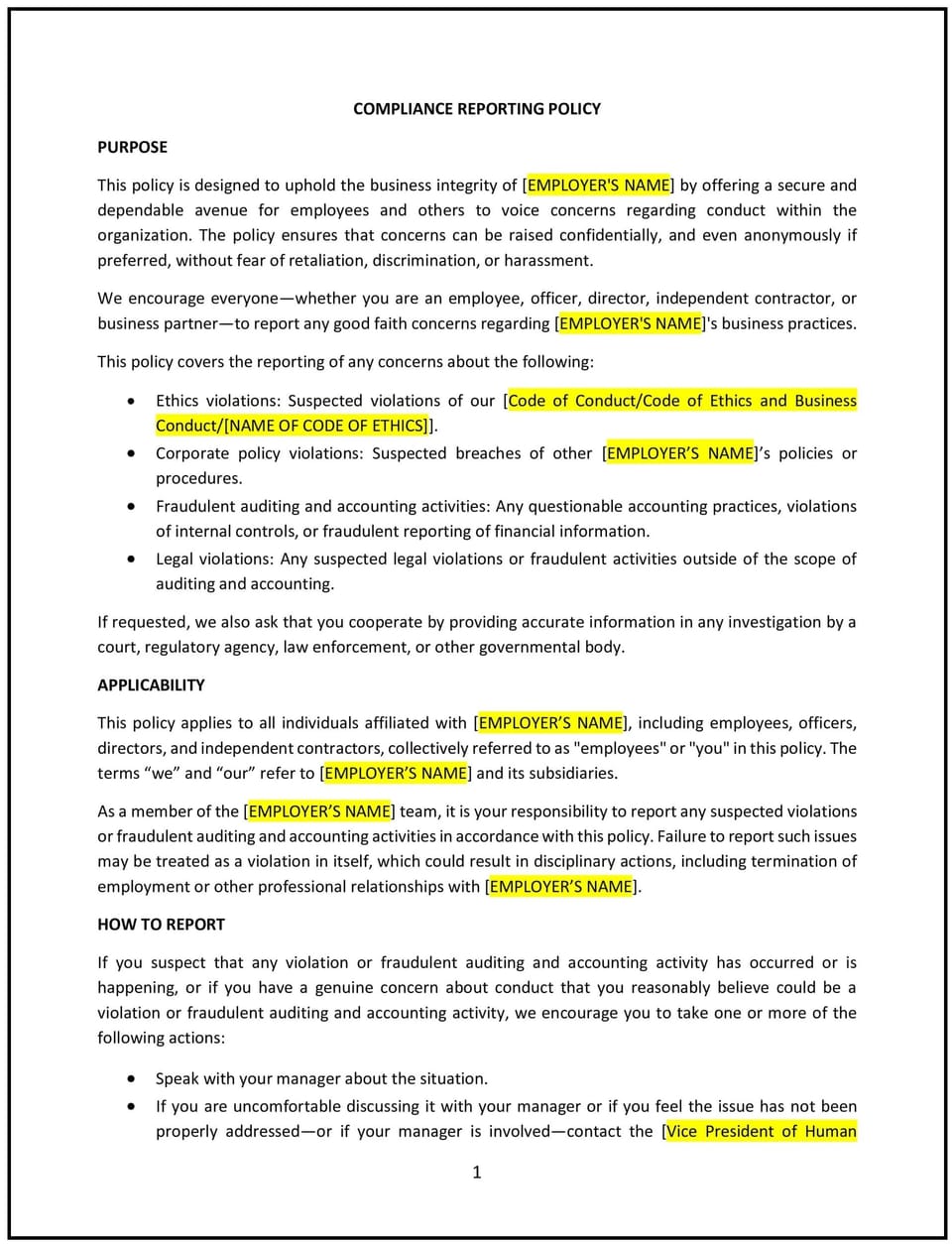 Compliance reporting policy (Arizona)
