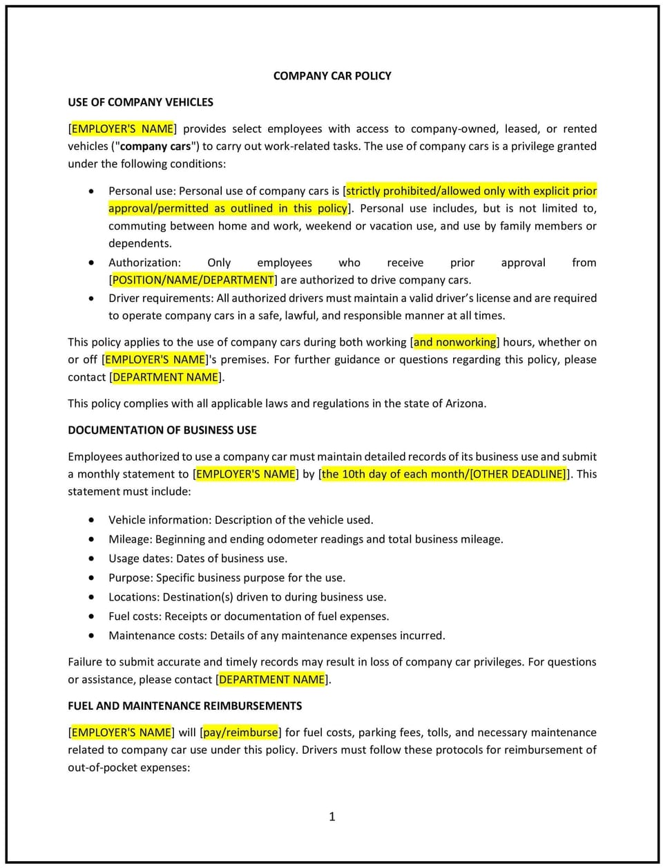 Company car policy (Arizona): Free template