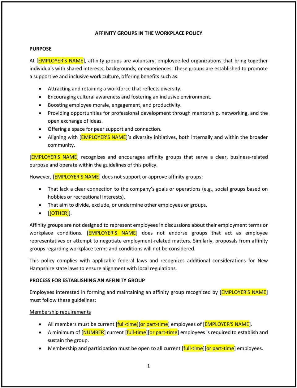 Affinity groups in the workplace policy (New Hampshire): Free template