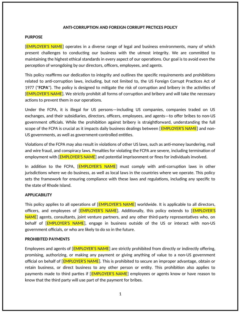 Anti-corruption and foreign corrupt practices policy (Rhode Island): Free template