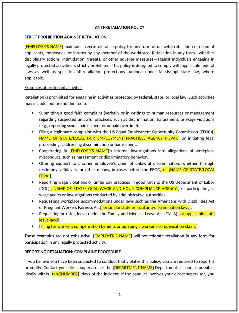 Anti-retaliation policy (Mississippi): Free template