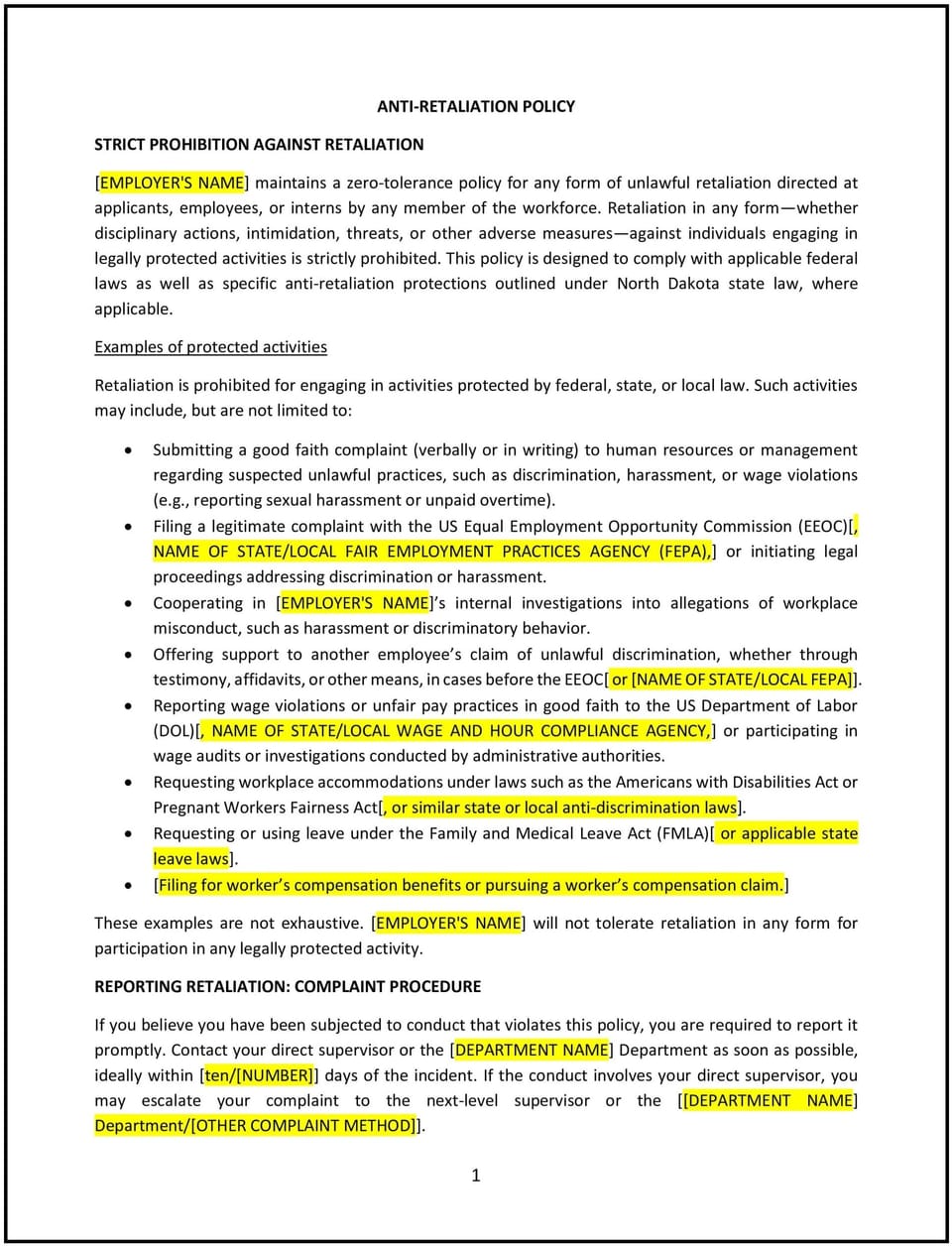 Anti-retaliation policy (North Dakota): Free template