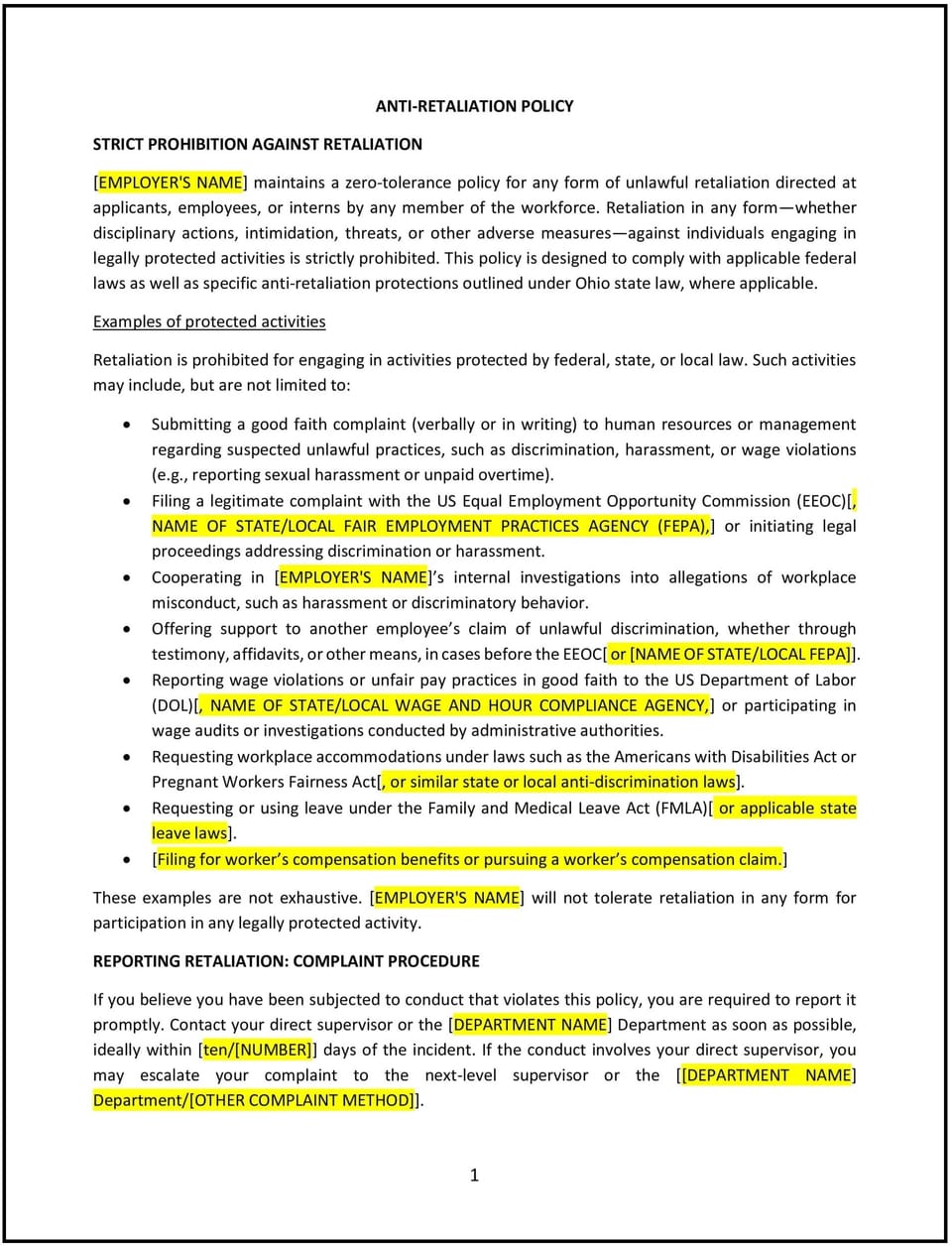 Anti-retaliation policy (Ohio): Free template