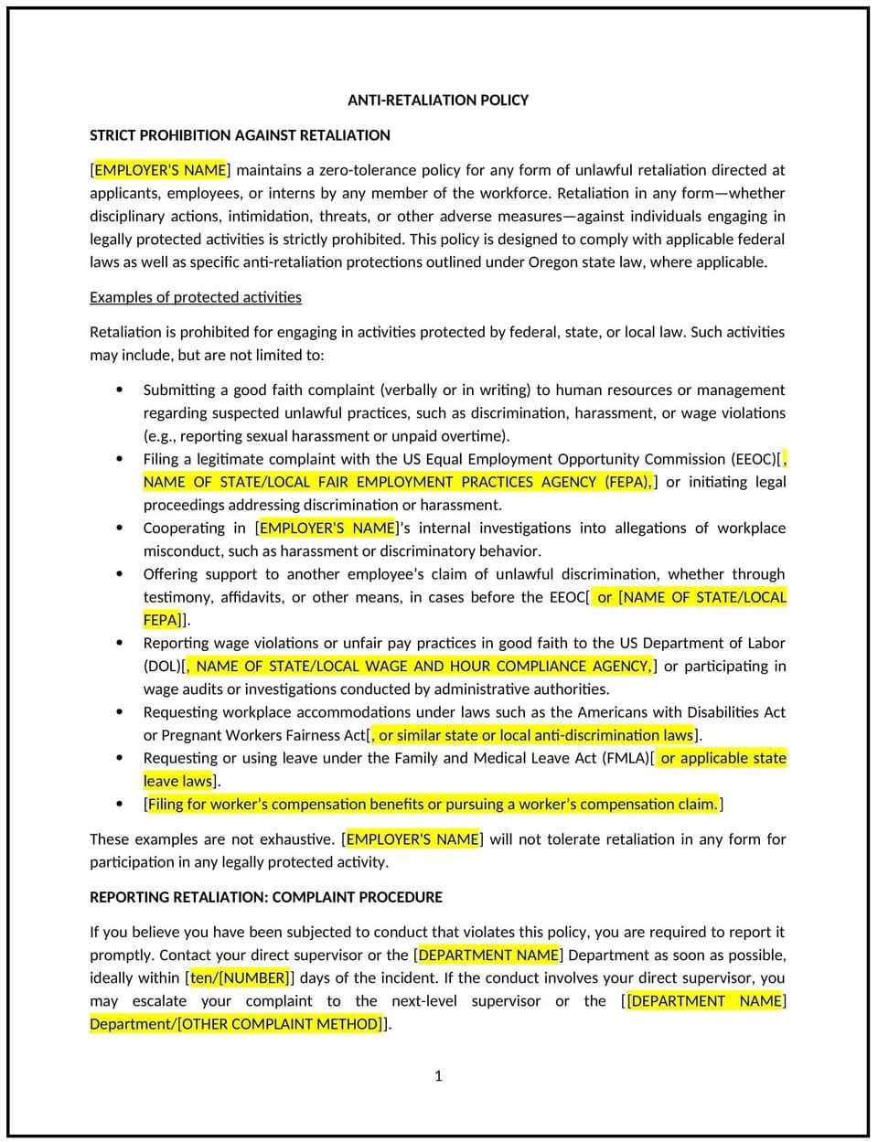 Anti-retaliation policy (Oregon): Free template